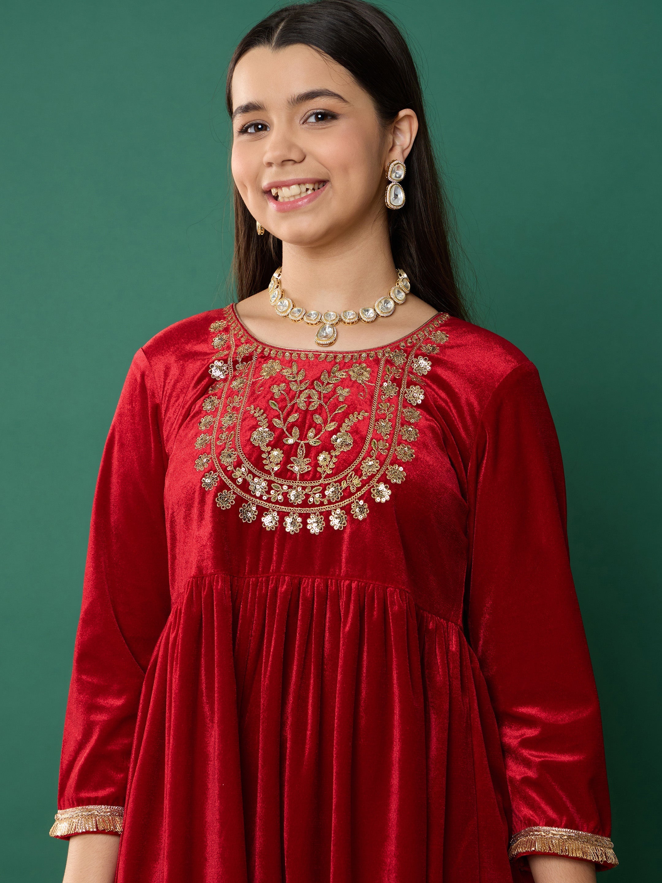 Girl Red Velvet Embroidered Kurta With Pants