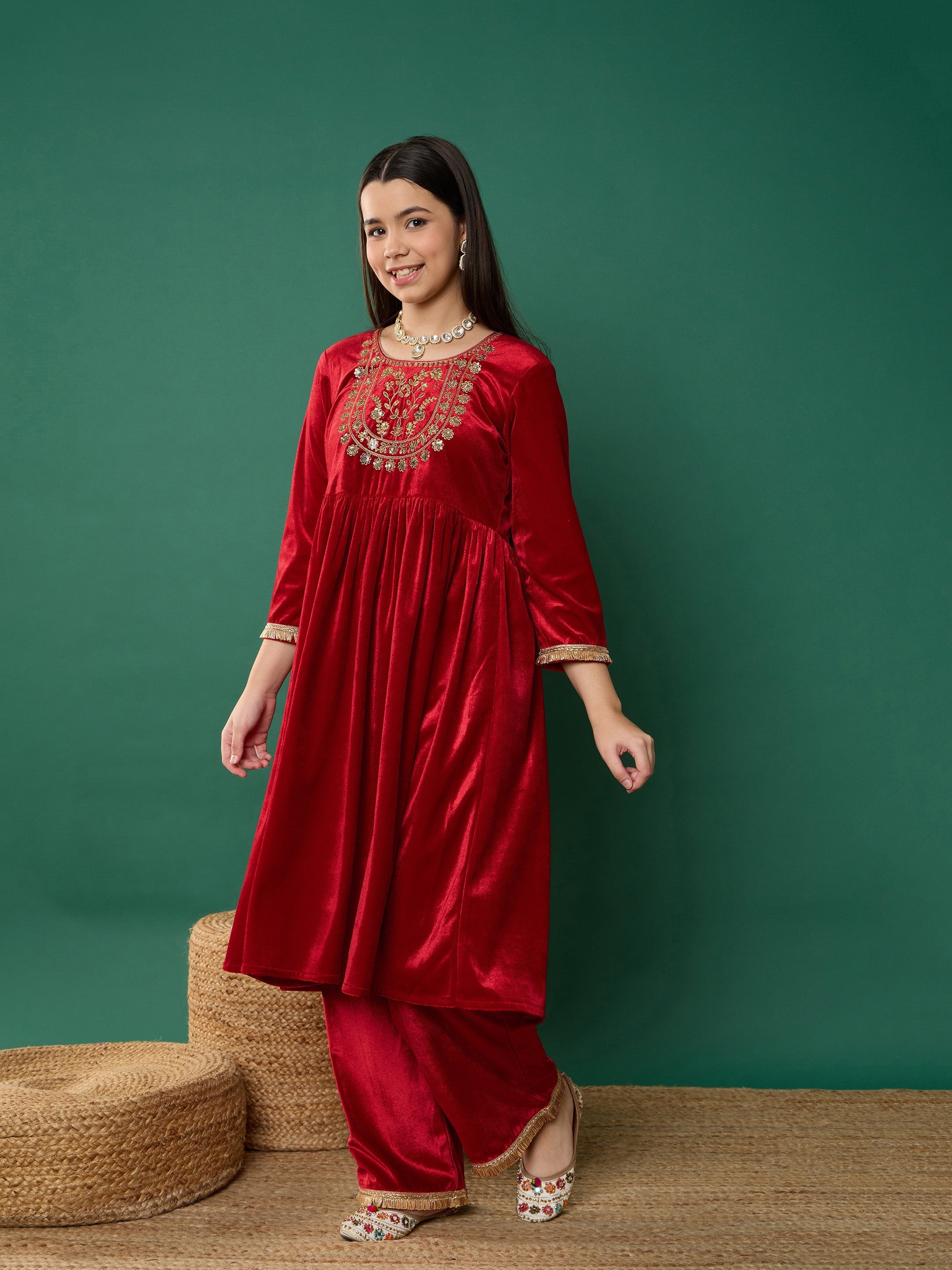 Girl Red Velvet Embroidered Kurta With Pants