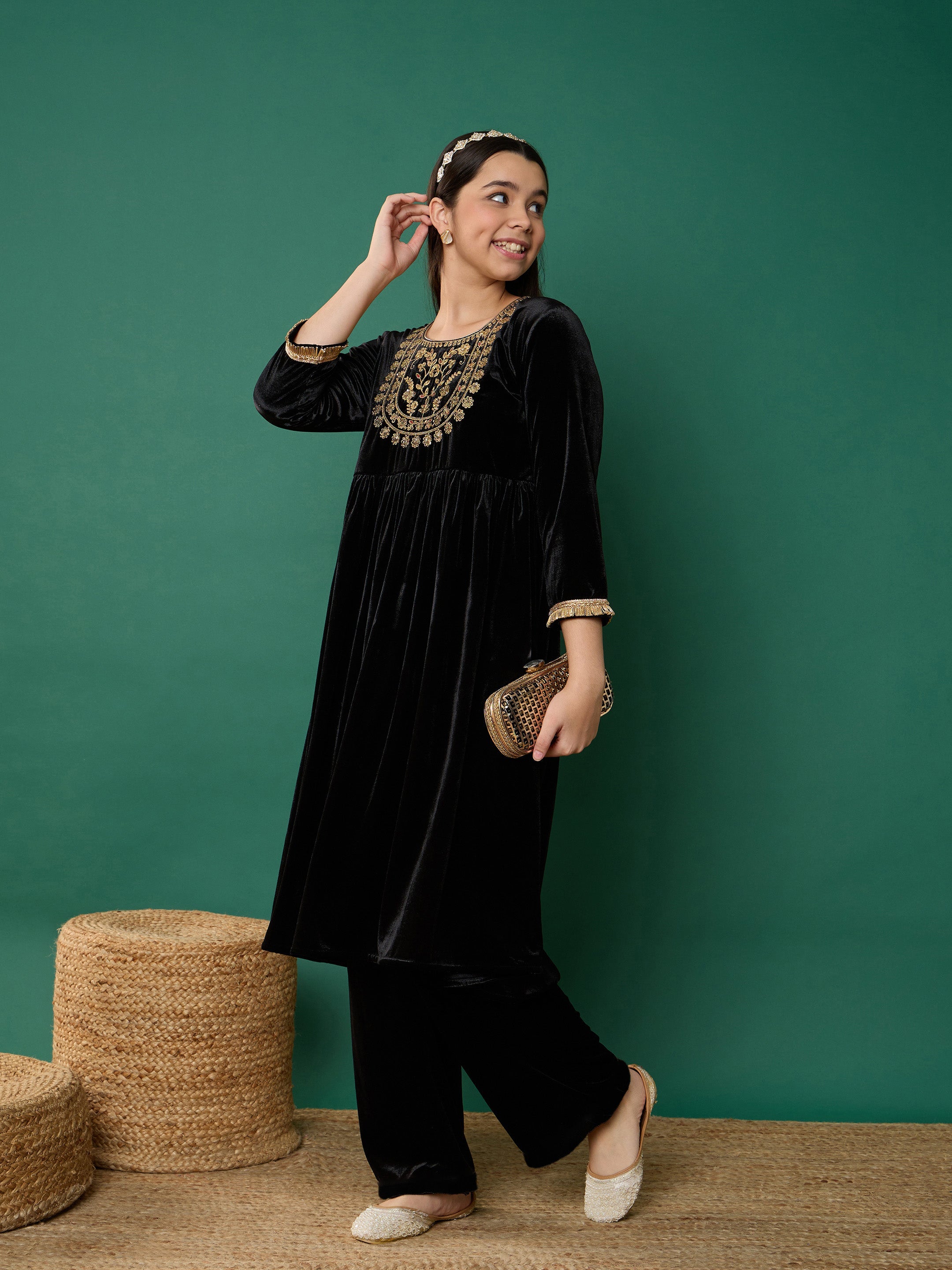 Girl Black Velvet Embroidered Kurta With Pants