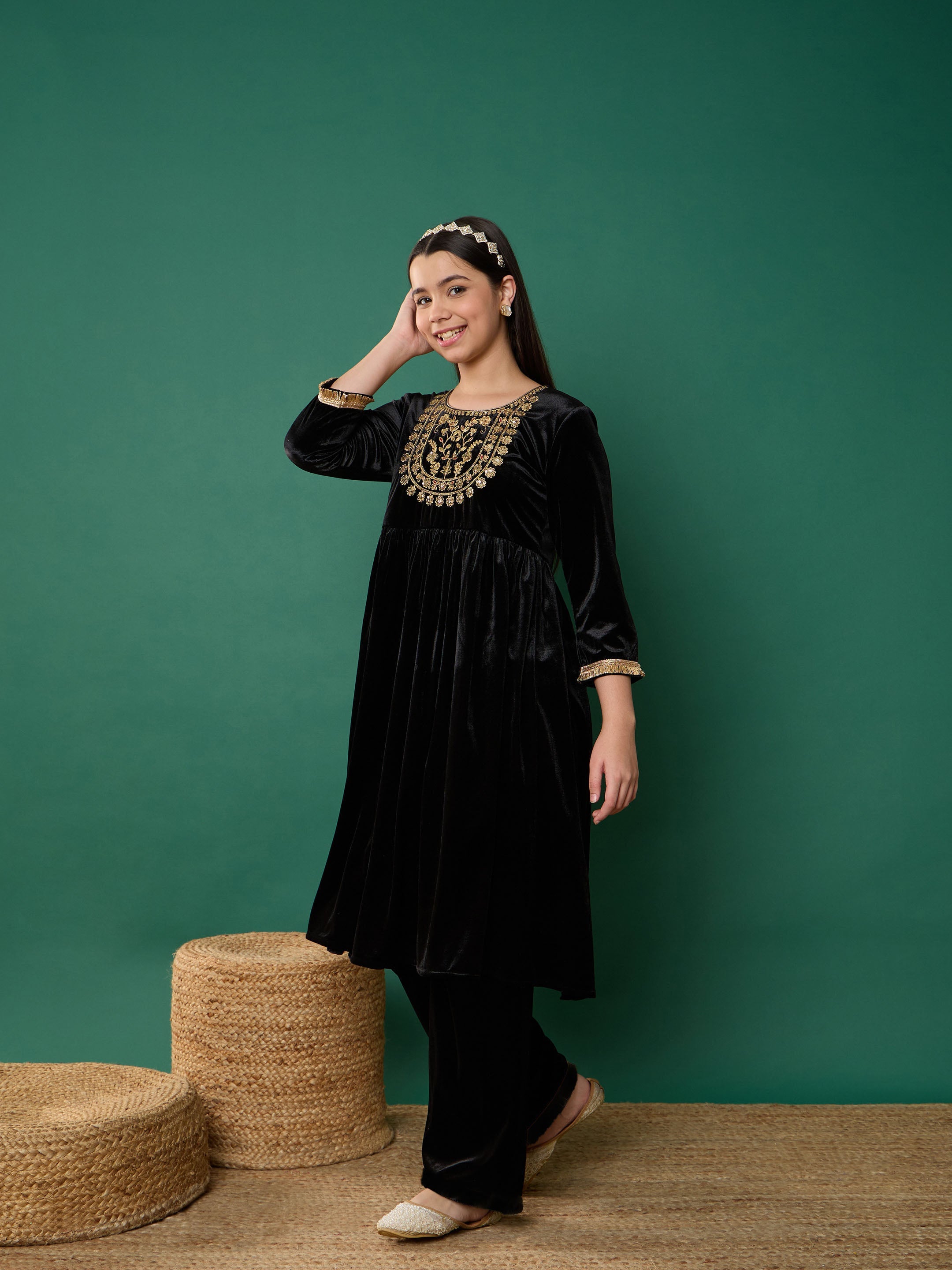 Girl Black Velvet Embroidered Kurta With Pants