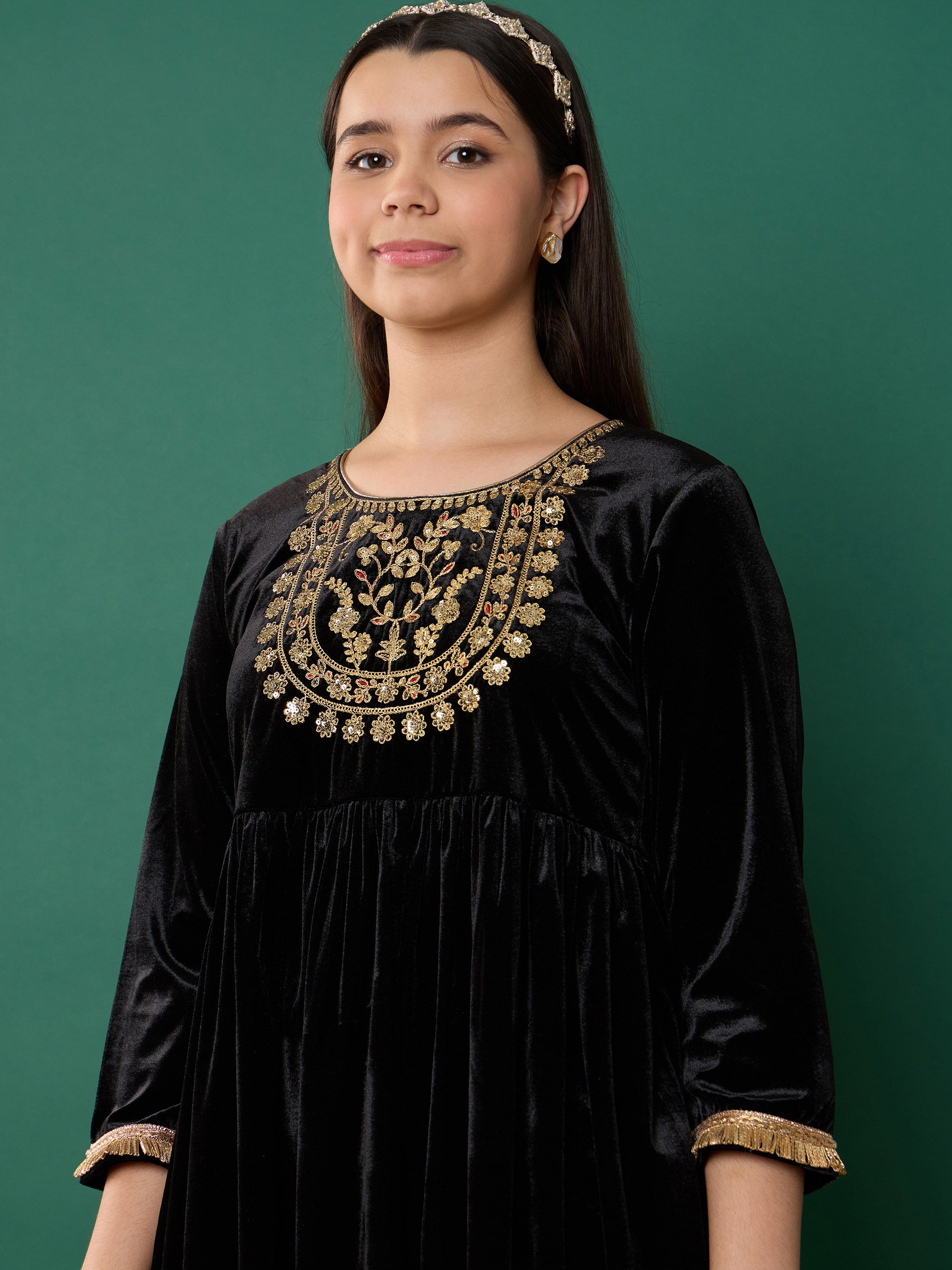 Girl Black Velvet Embroidered Kurta With Pants