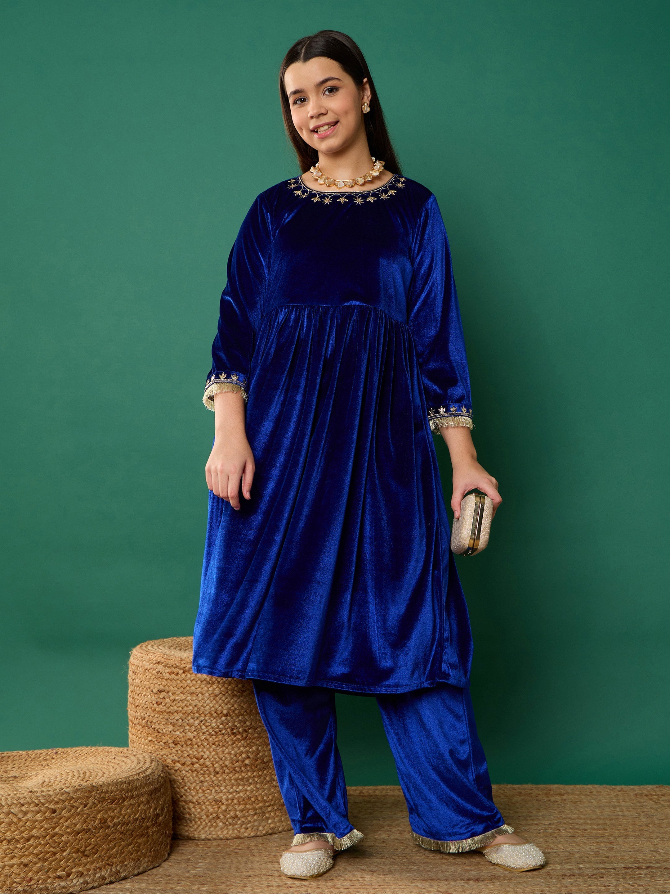 Girl Royal Blue Velvet Embroidered Gathered Kurta With Pants