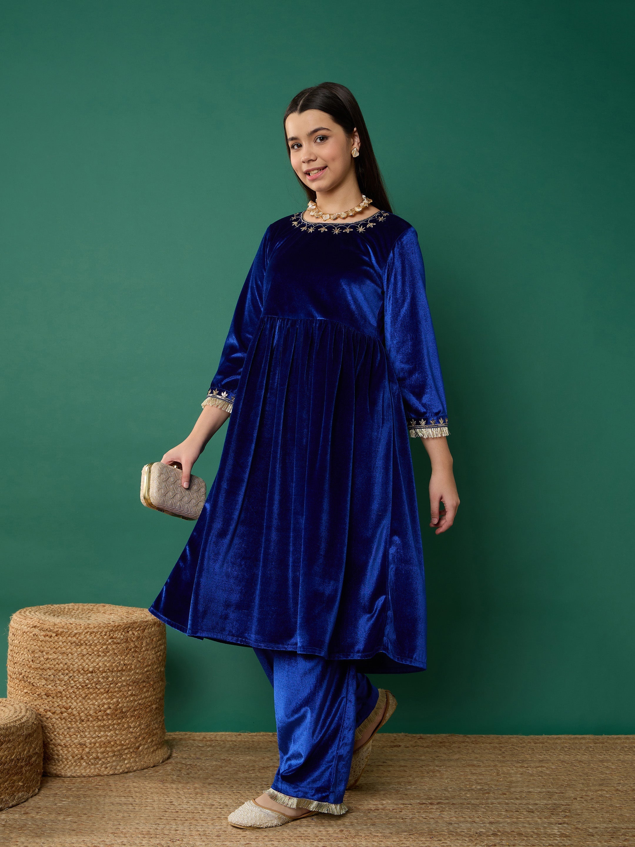 Girl Royal Blue Velvet Embroidered Gathered Kurta With Pants