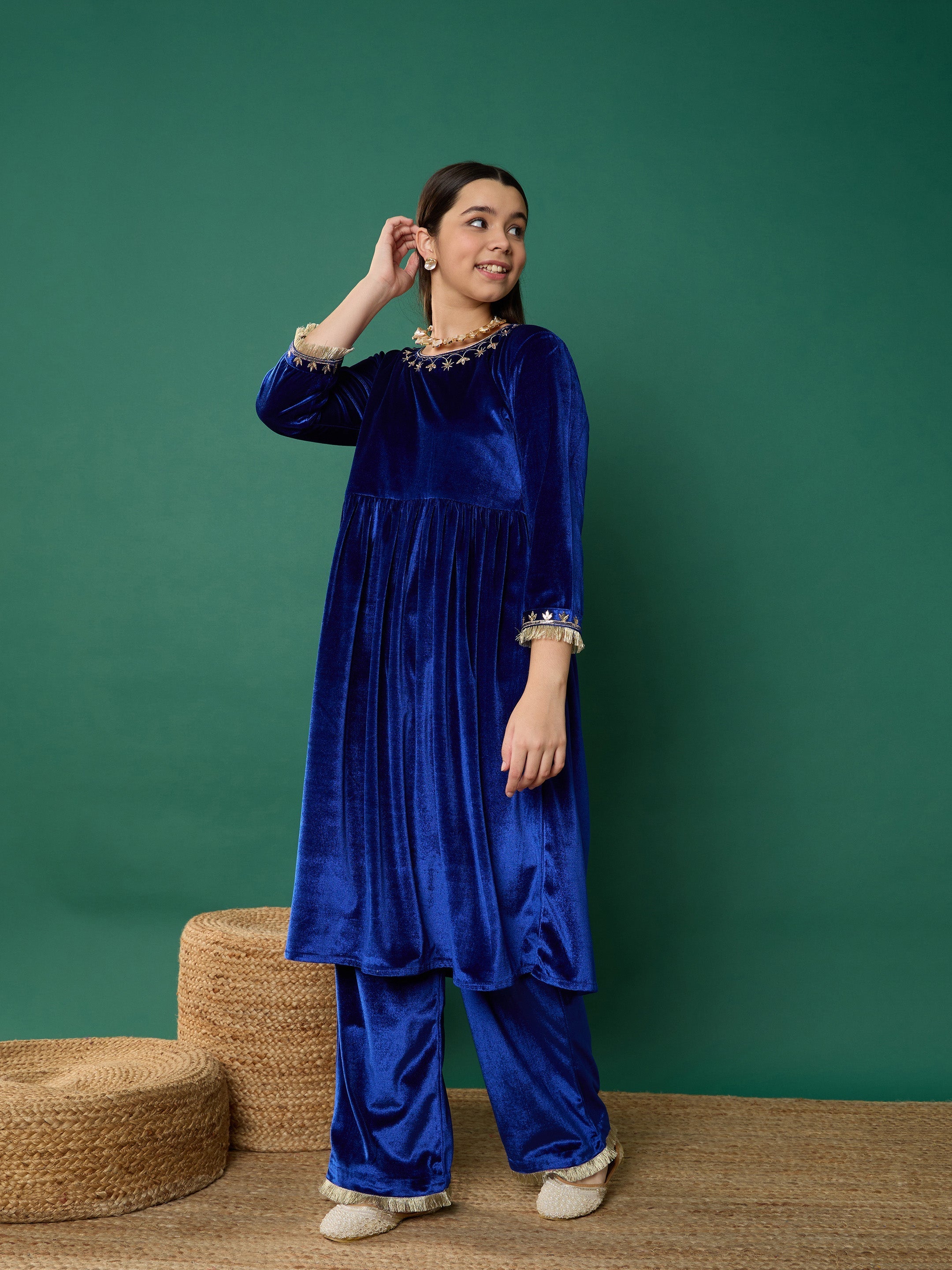 Girl Royal Blue Velvet Embroidered Gathered Kurta With Pants