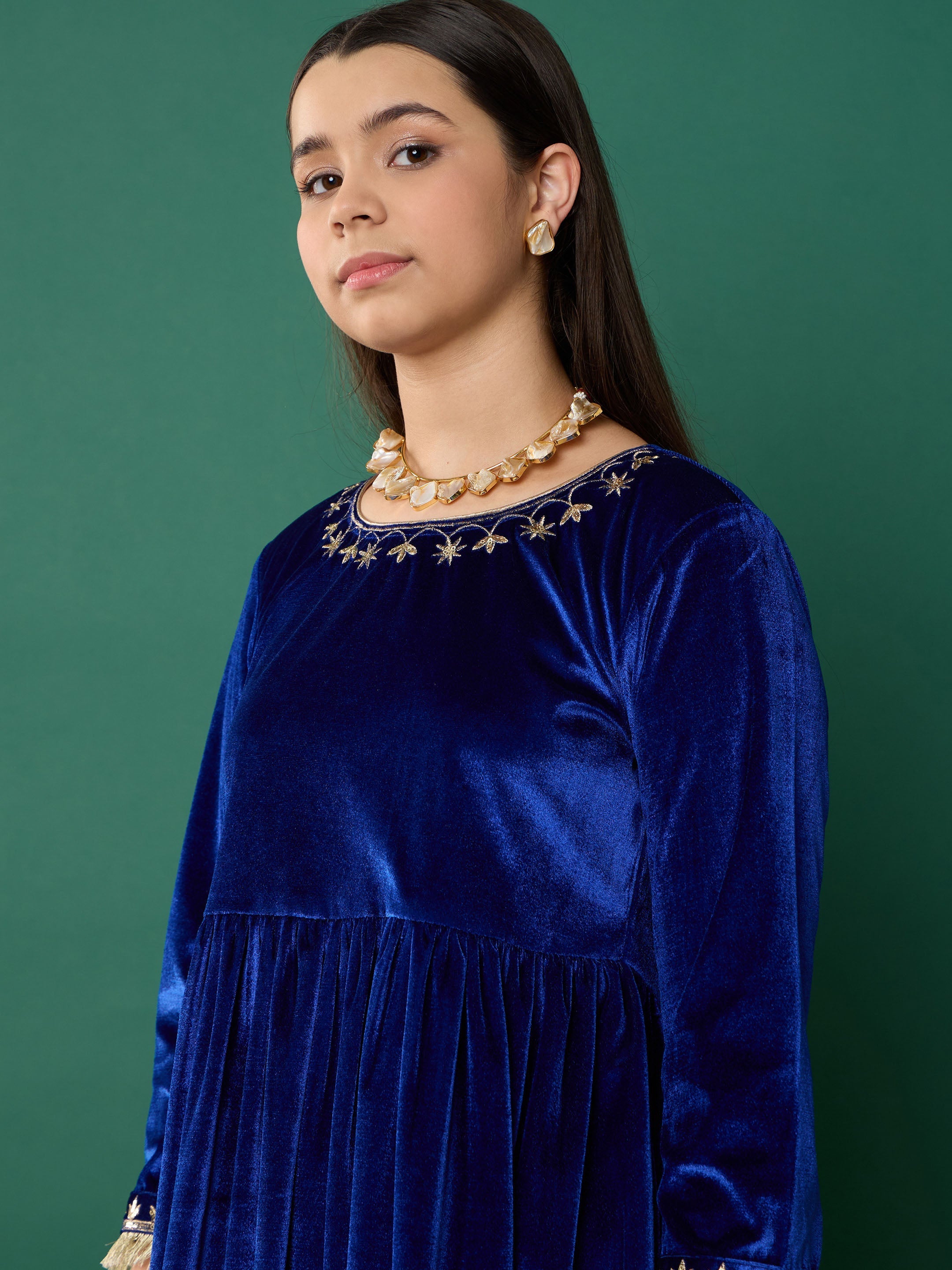 Girl Royal Blue Velvet Embroidered Gathered Kurta With Pants