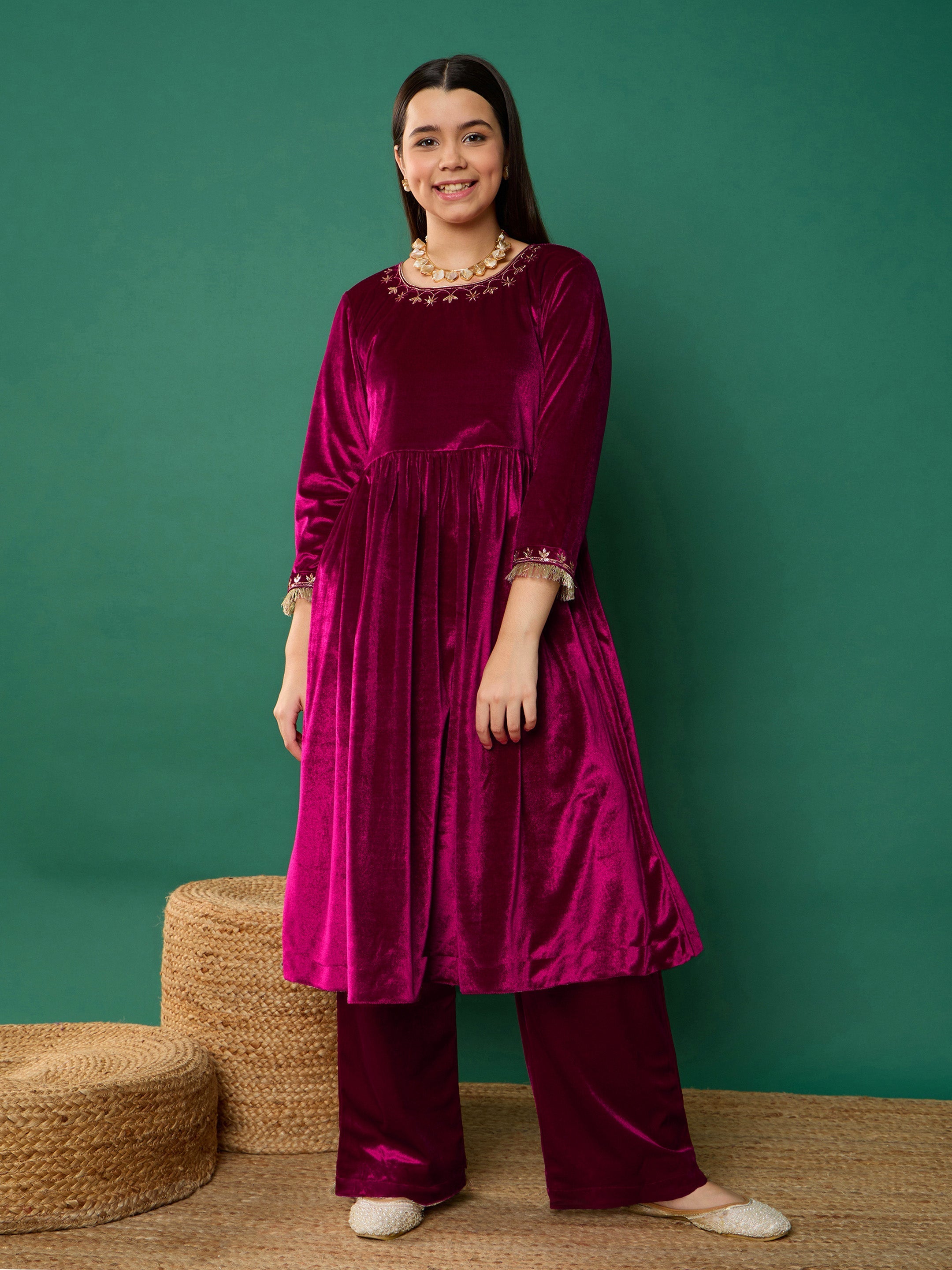 Girl Fuchsia Velvet Embroidered Gathered Kurta With Pants