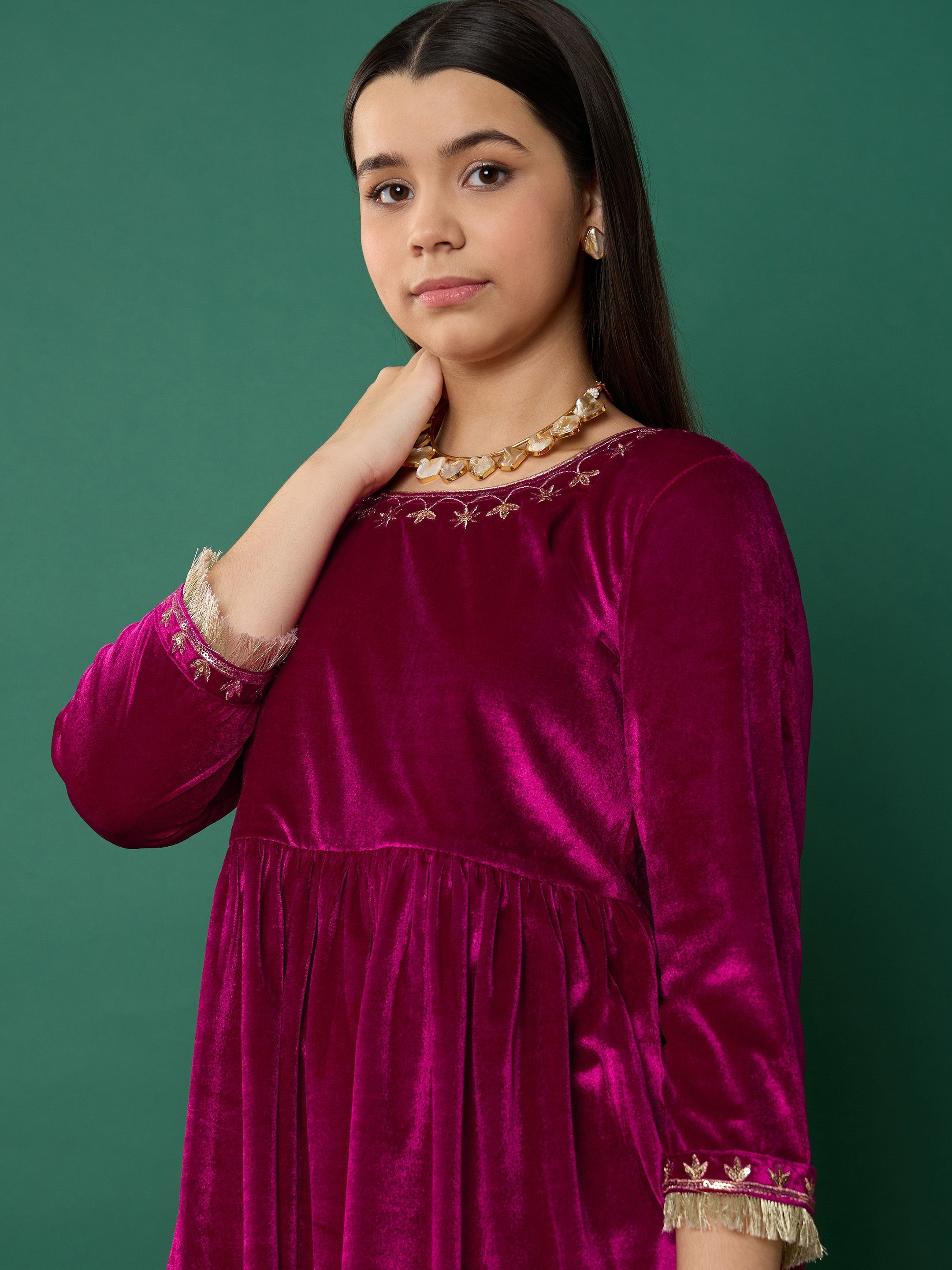 Girl Fuchsia Velvet Embroidered Gathered Kurta With Pants