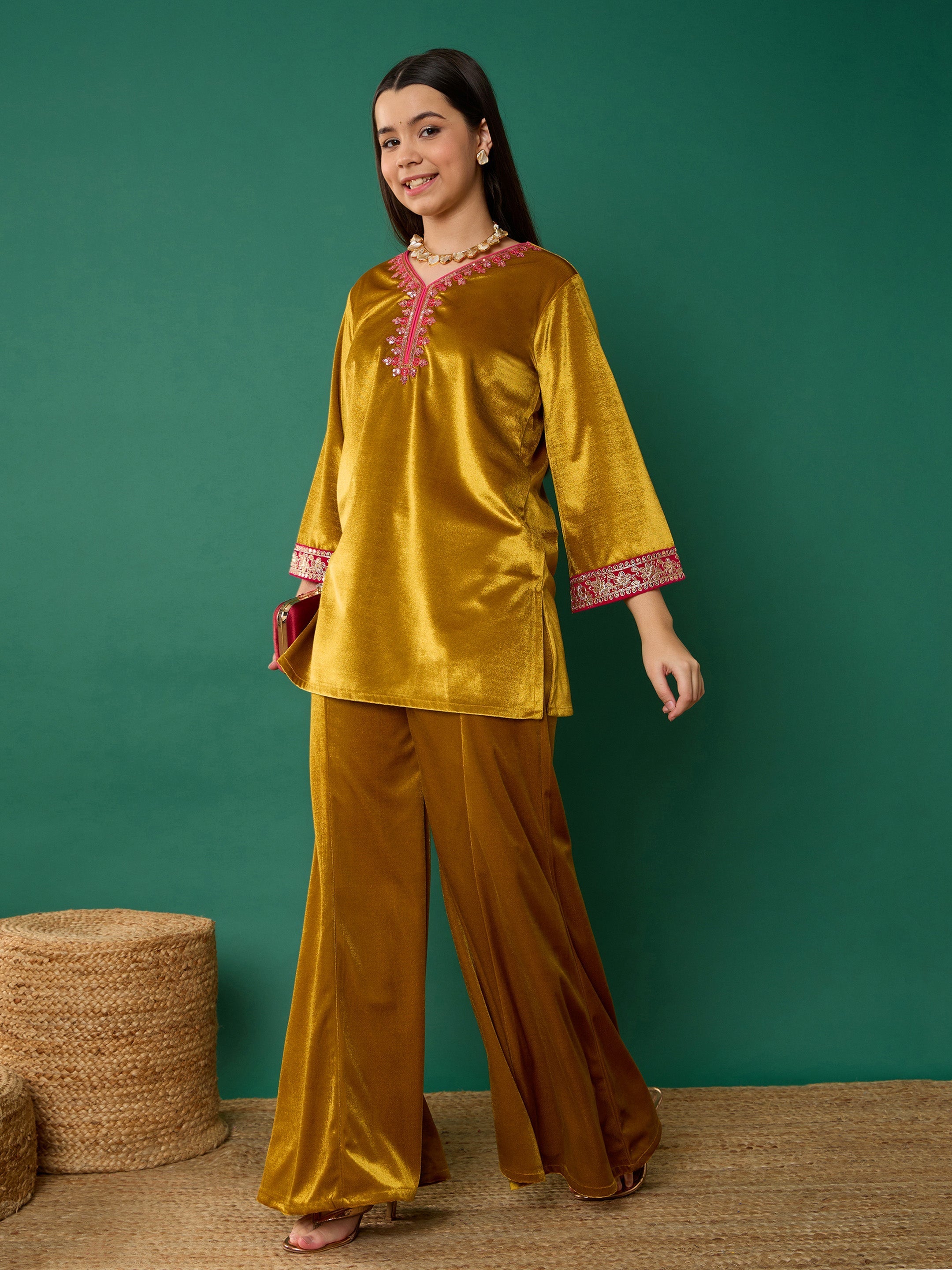 Girl Mustard Velvet Embroidered Short Kurta With Palazzos