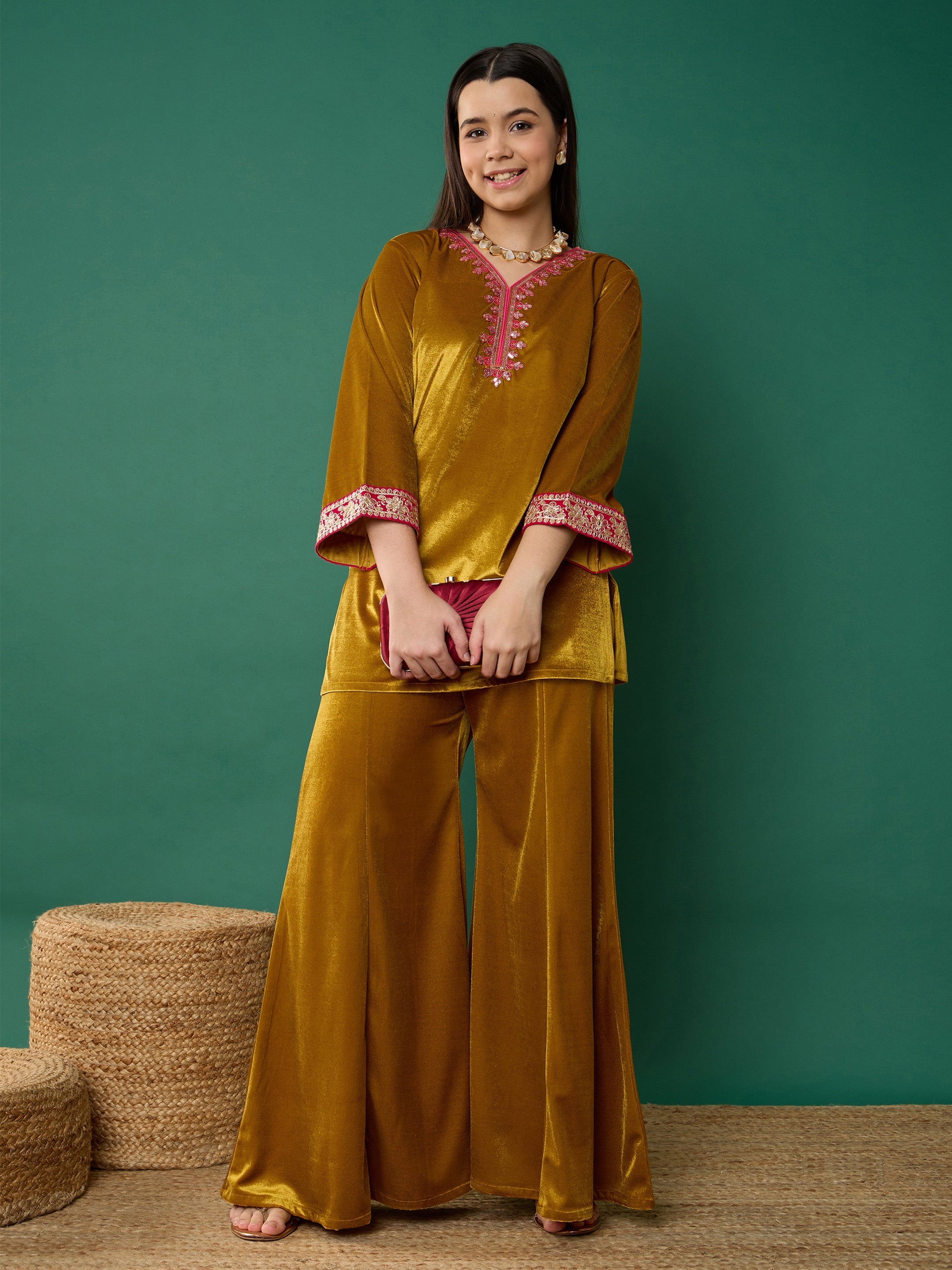 Girl Mustard Velvet Embroidered Short Kurta With Palazzos