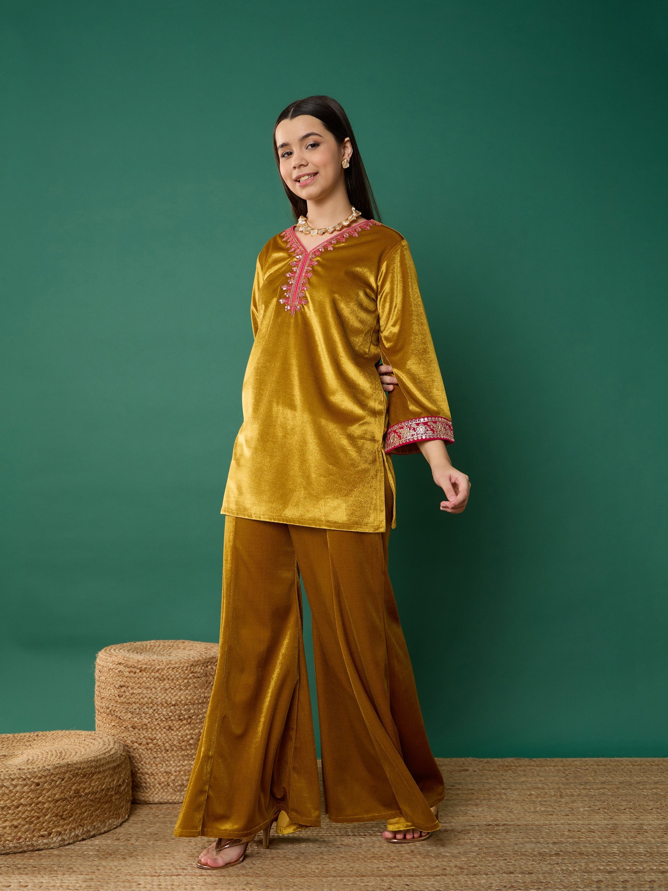 Girl Mustard Velvet Embroidered Short Kurta With Palazzos