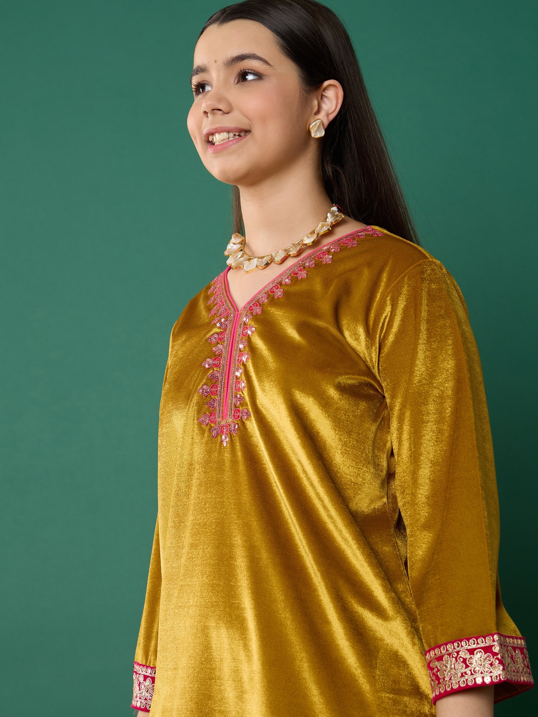 Girl Mustard Velvet Embroidered Short Kurta With Palazzos