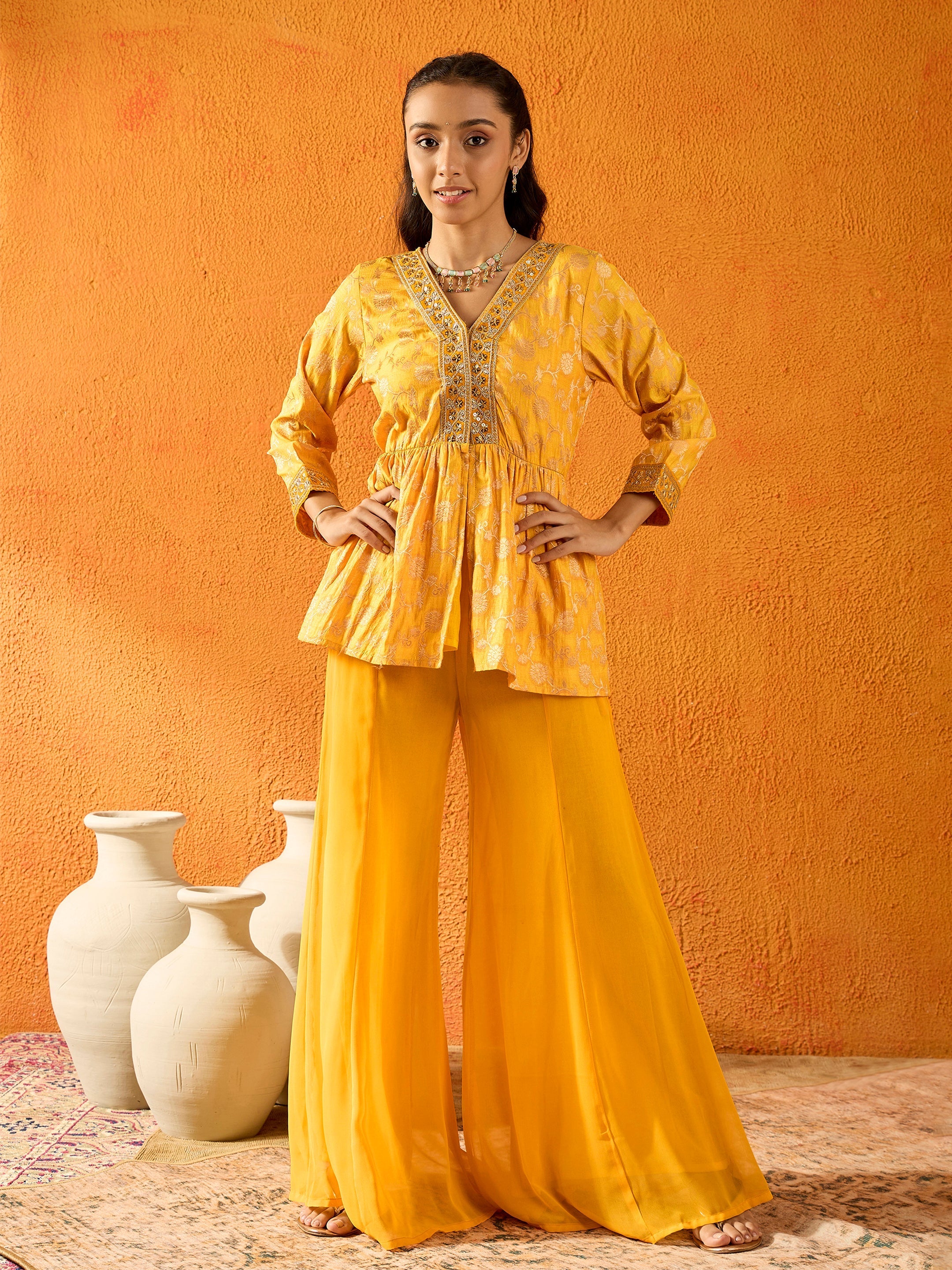 Girls Yellow Brocade V-Neck Peplum Top With Palazzos