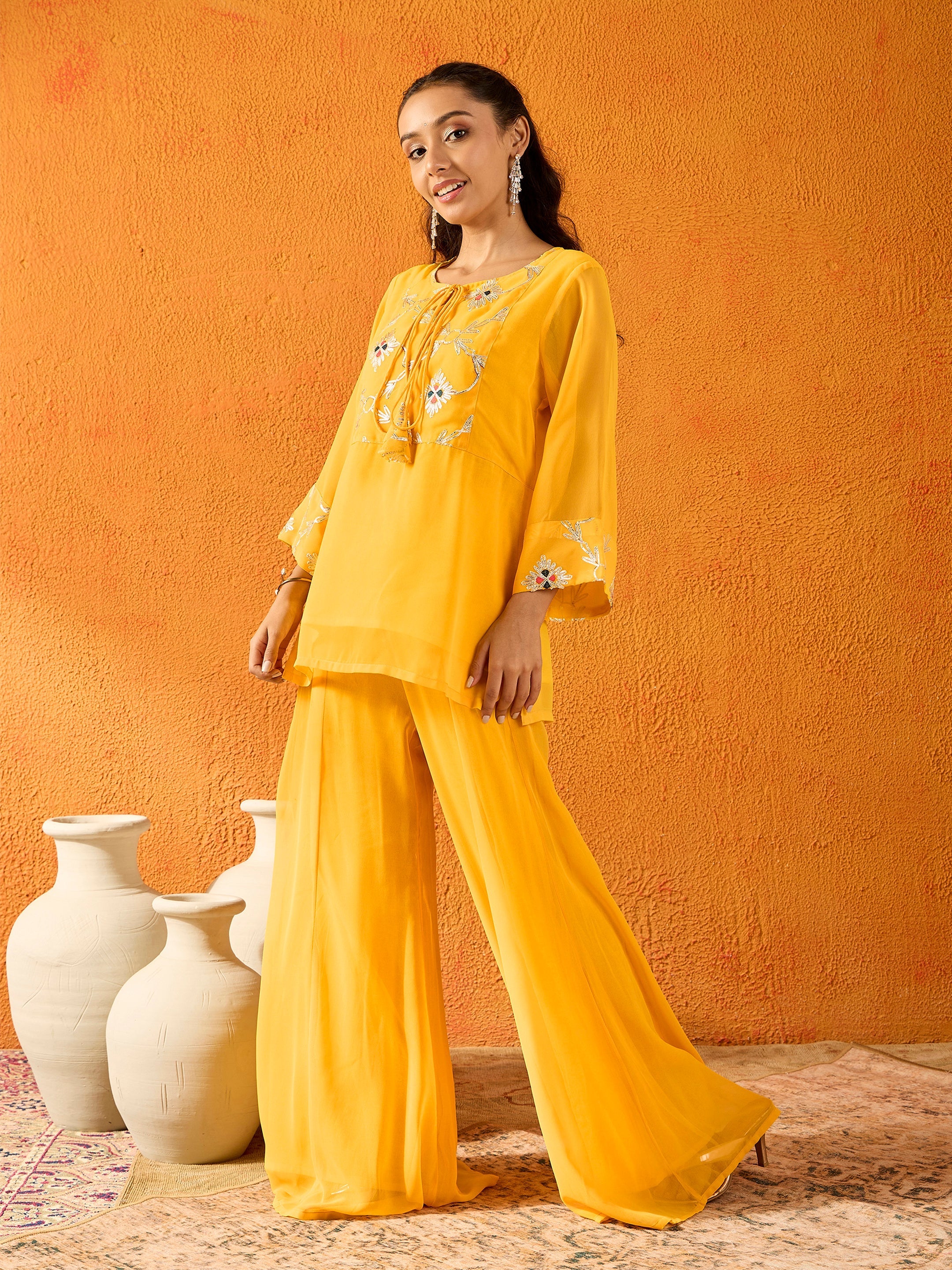 Girls Yellow Gota Embroidered Top With Palazzos