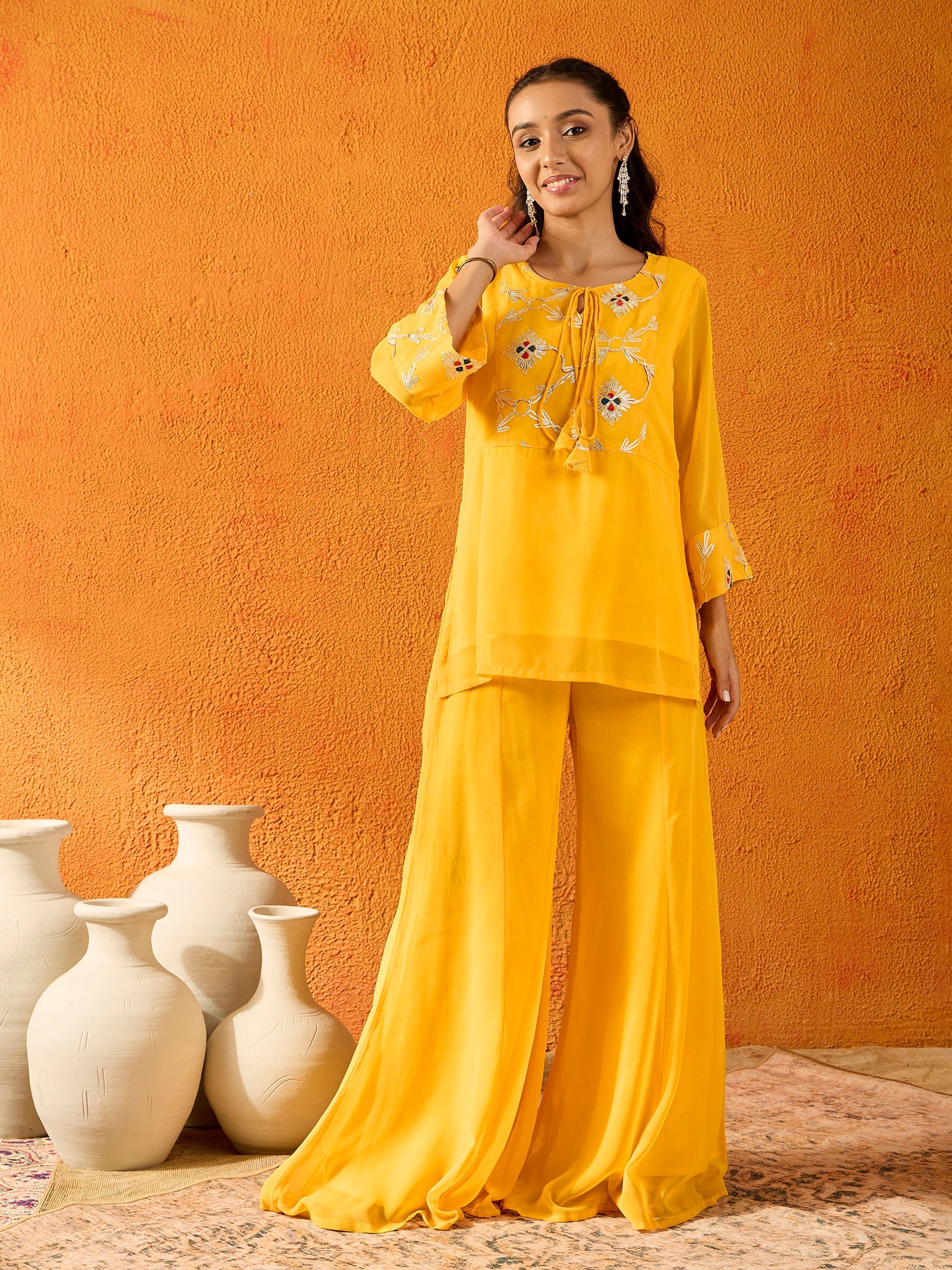 Girls Yellow Gota Embroidered Top With Palazzos