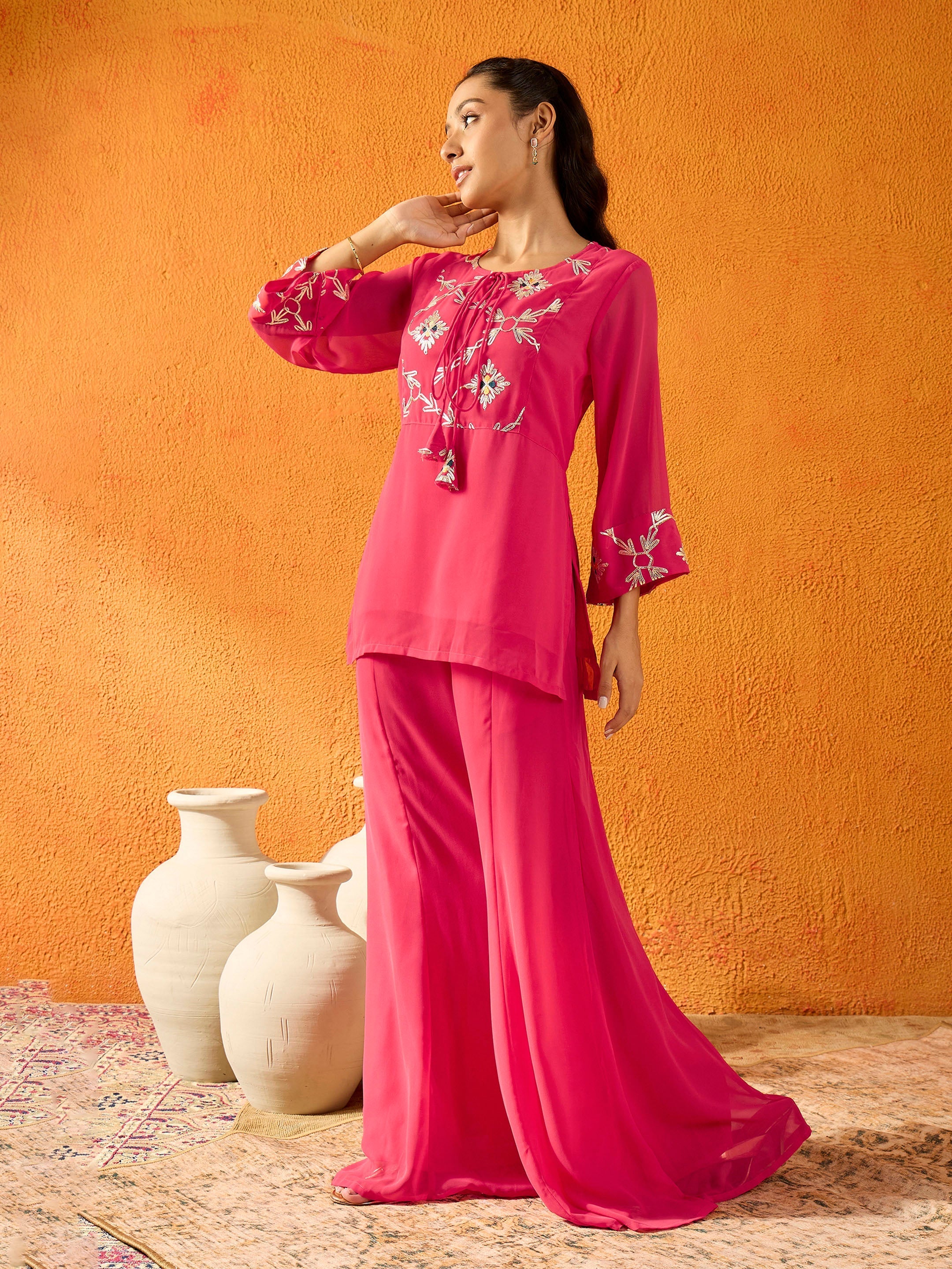 Girls Fuchsia Gota Embroidered Top With Palazzos