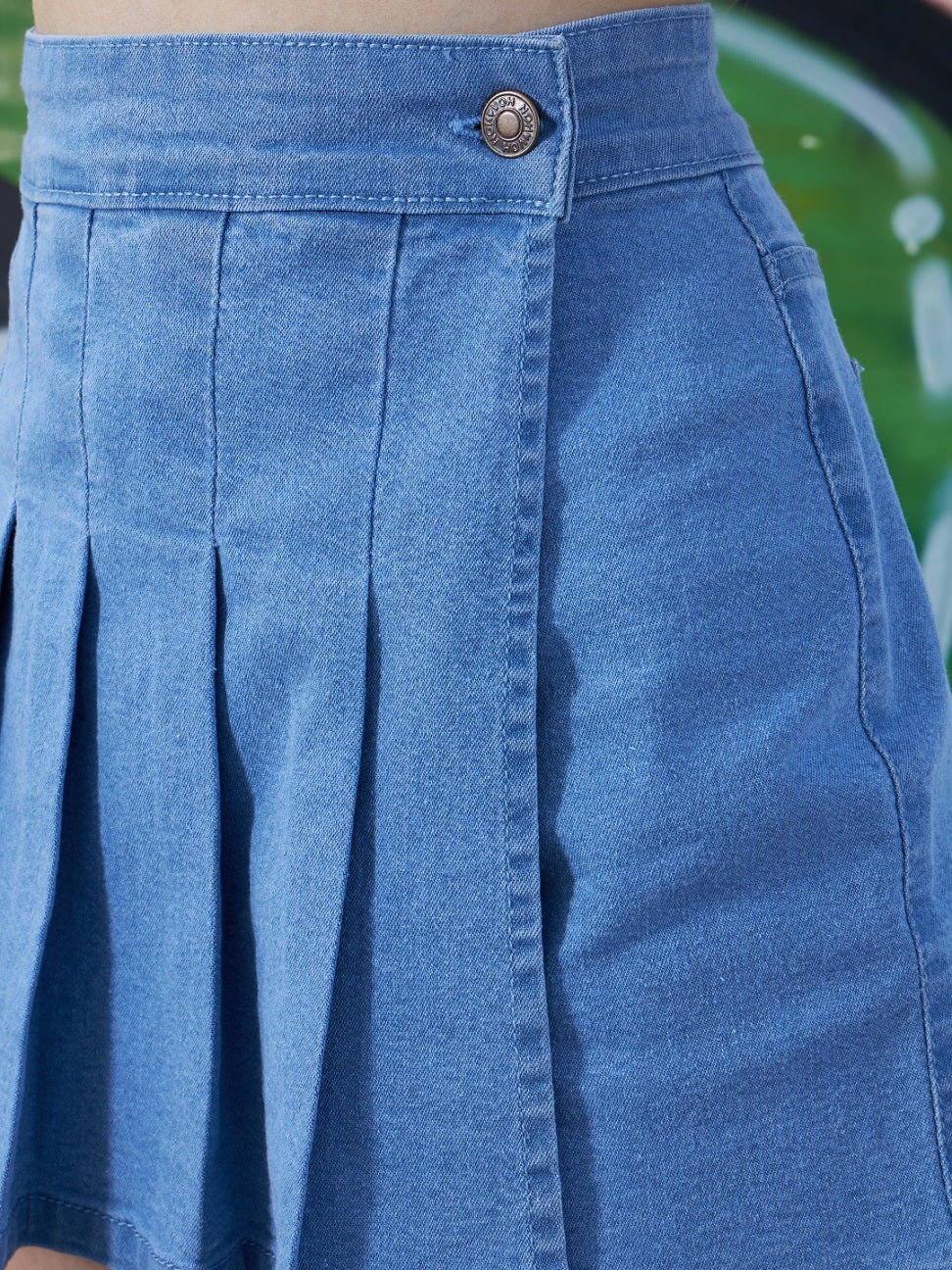 Girls Blue Denim Front Pleated Skorts