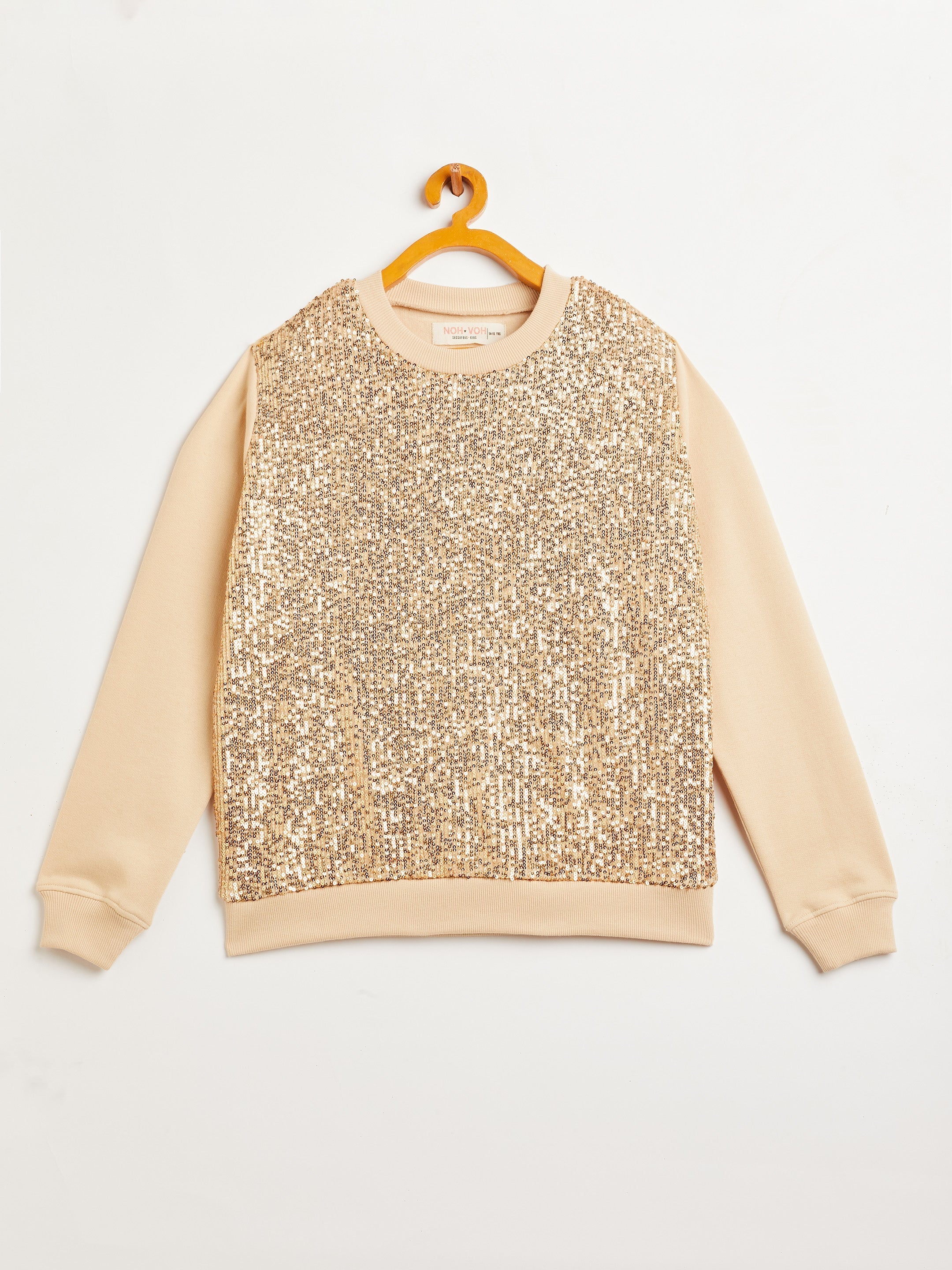 Girls Beige Front Sequence Overiszed Sweatshirt