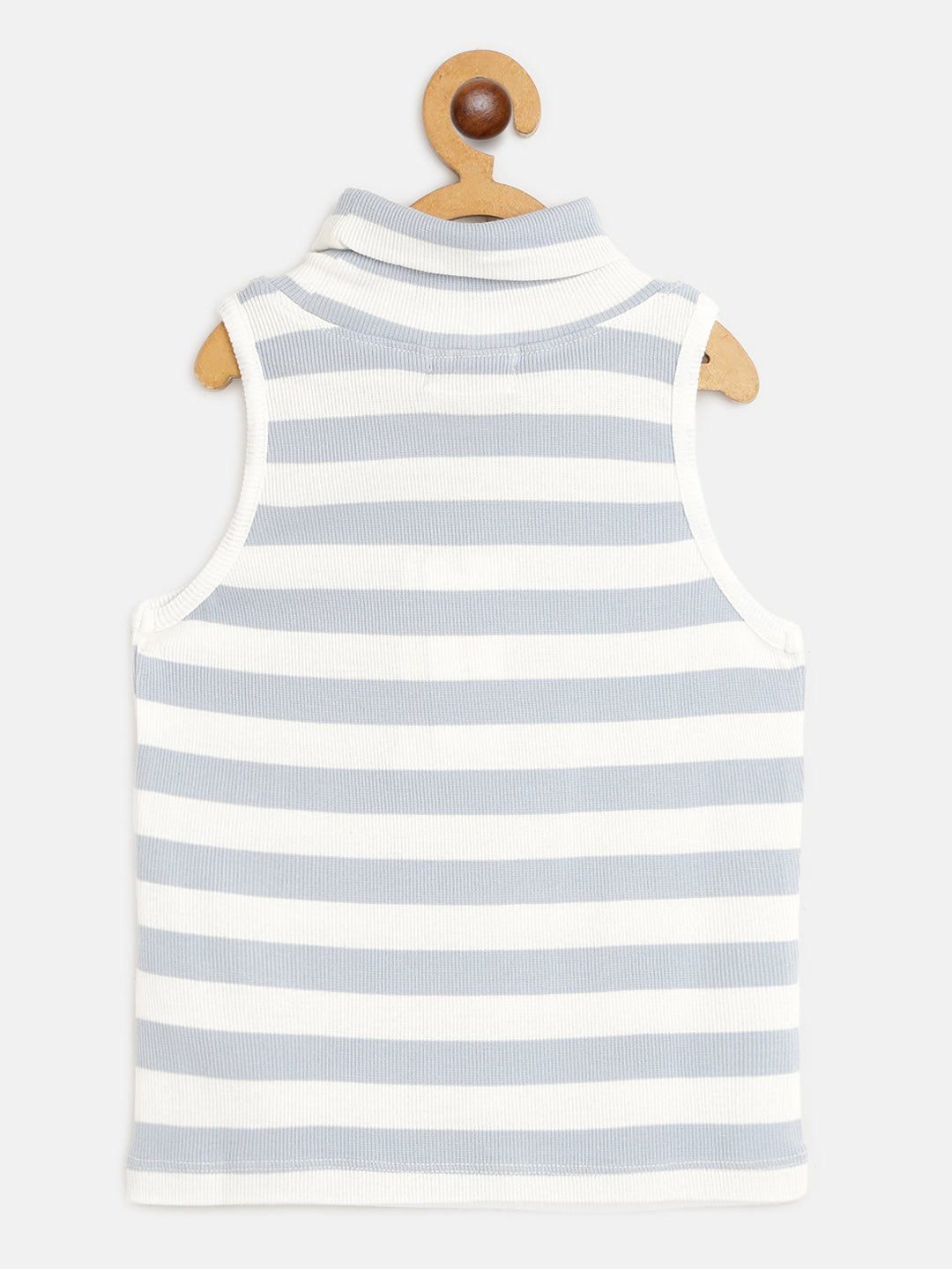 Girls Blue & White Stripes Sleeveless High Neck Rib Top