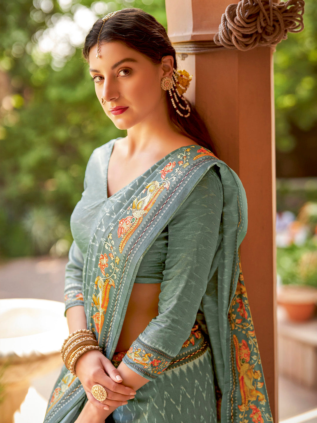 Cotton Blend Sea Green Printed Designer Saree With Blouse