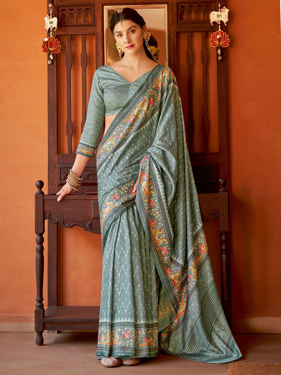 Cotton Blend Sea Green Printed Designer Saree With Blouse
