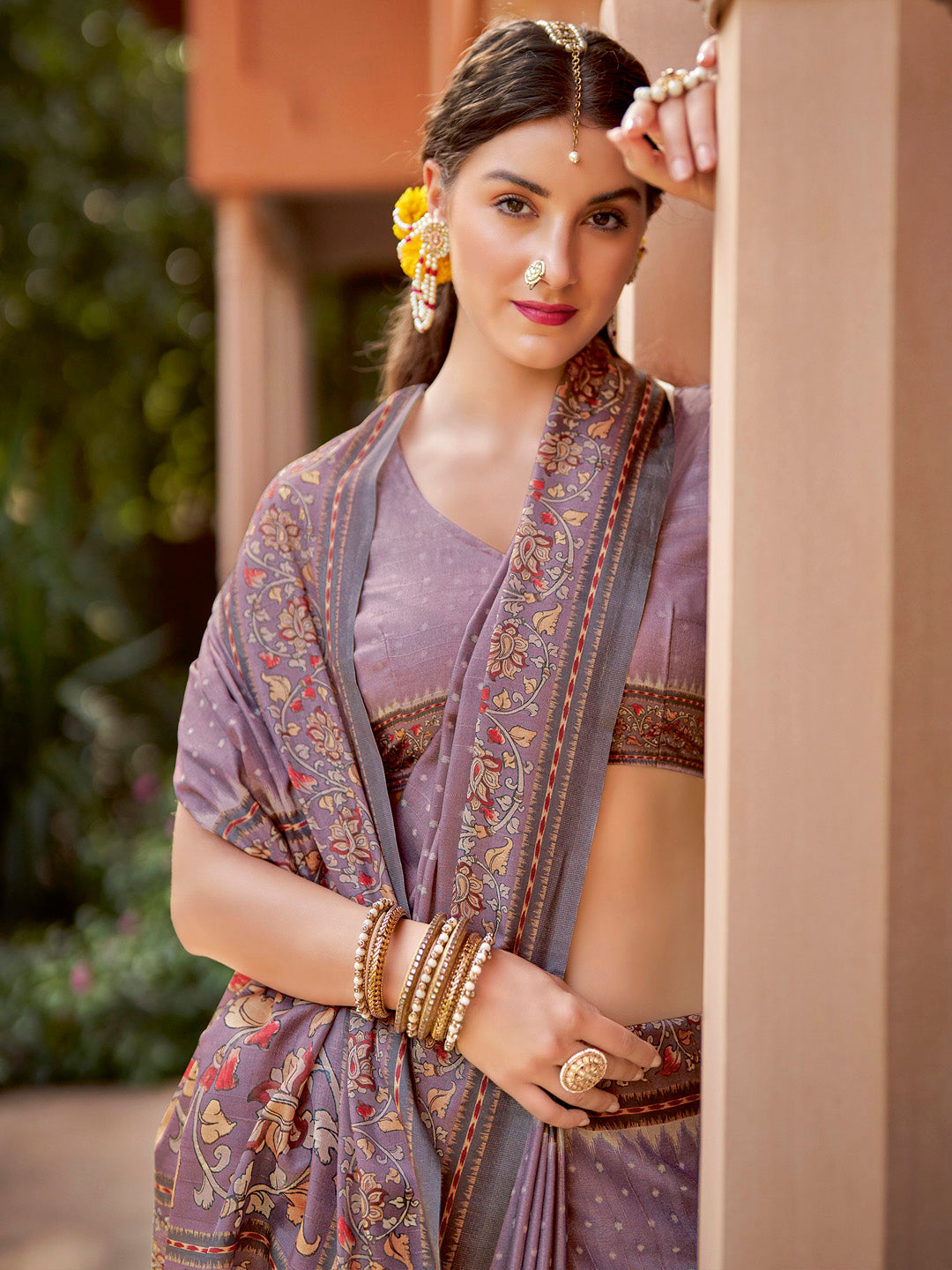 Cotton Blend Mauve Printed Designer Saree With Blouse