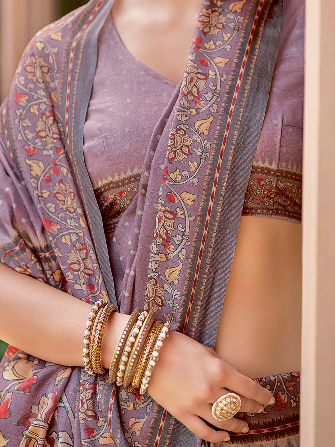 Cotton Blend Mauve Printed Designer Saree With Blouse
