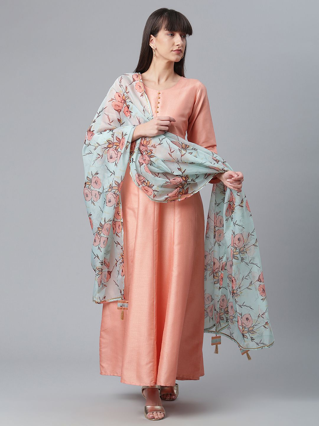 Peach Poly Silk Kurta With Dupatta Set