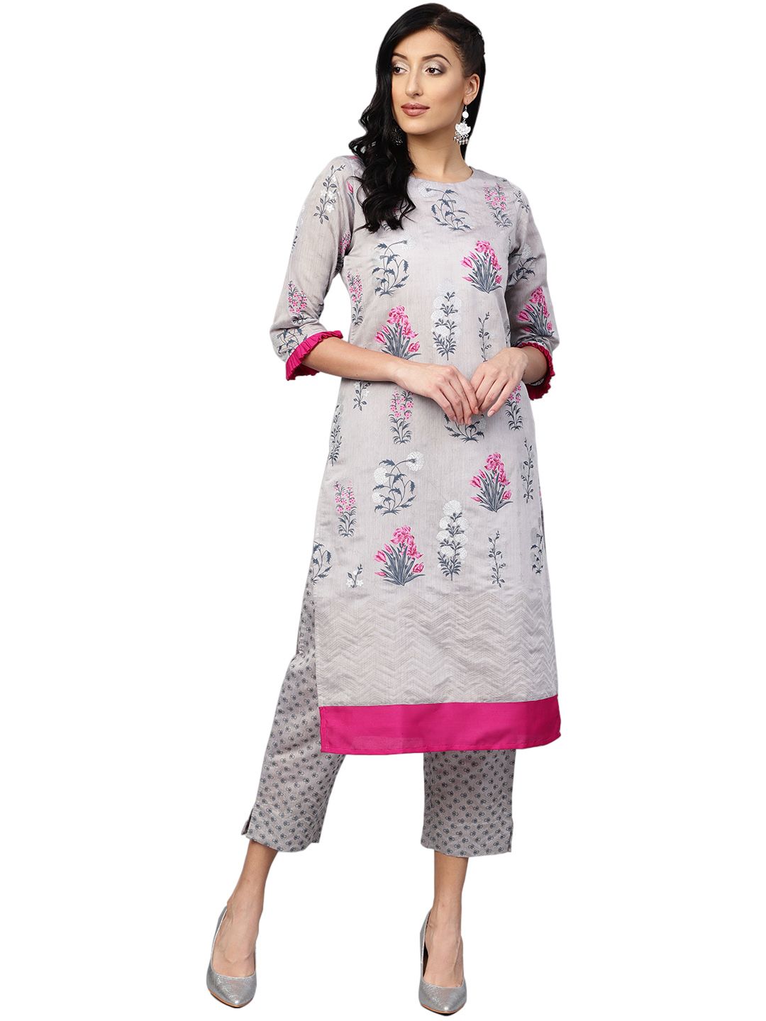 Grey Chanderi Silk Printed Kurta Pant Set