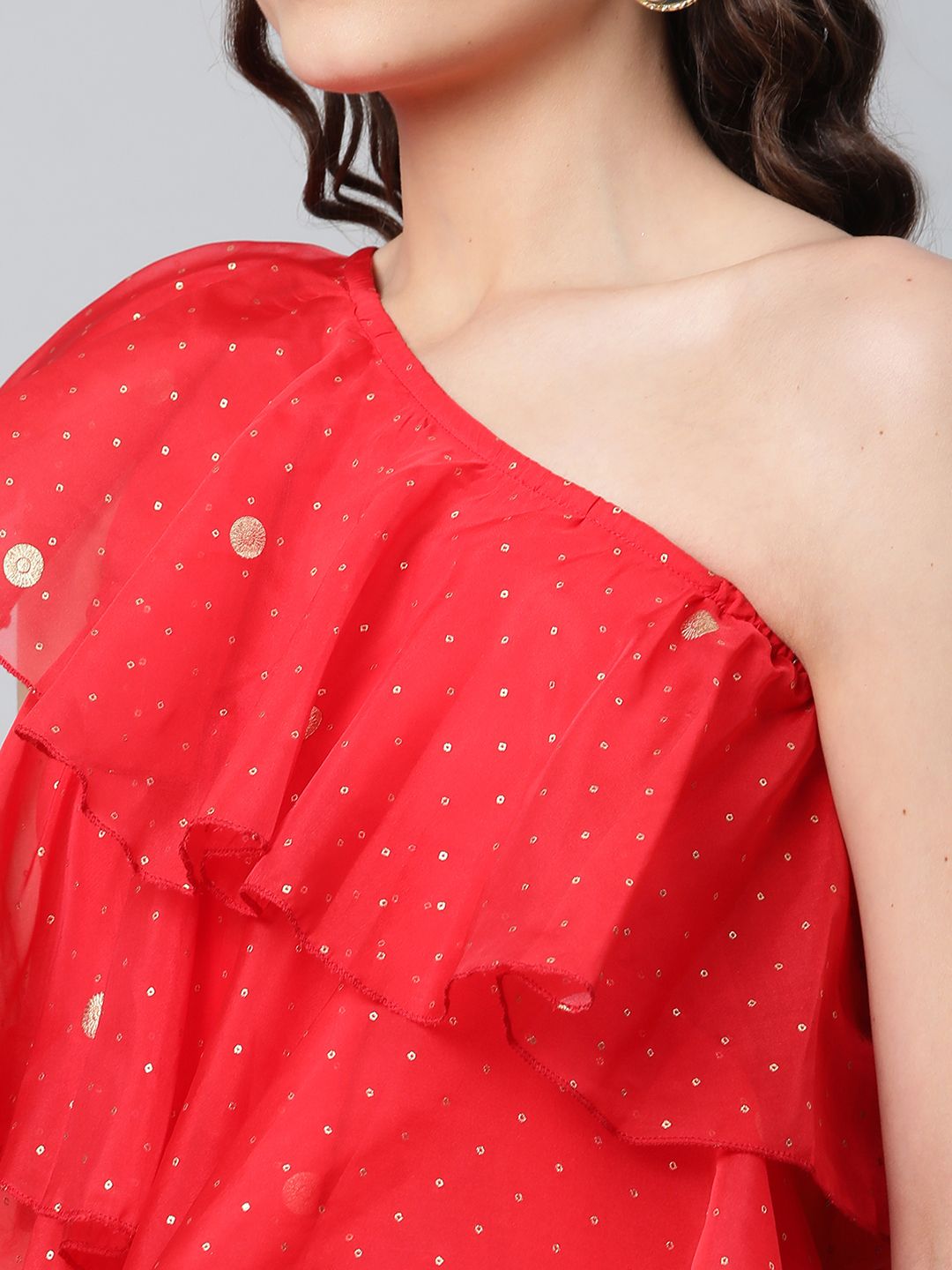 Red Printed Layered Organza Top with Trousers