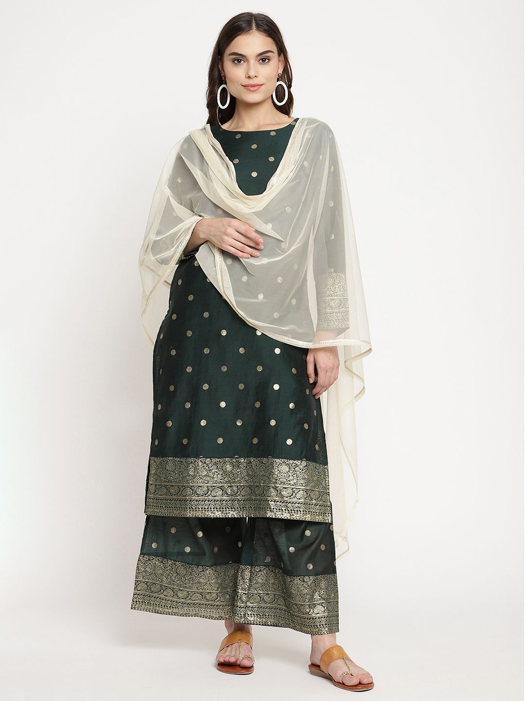 Dark Green Gold Print Kurta Palazzo Set With Dupatta