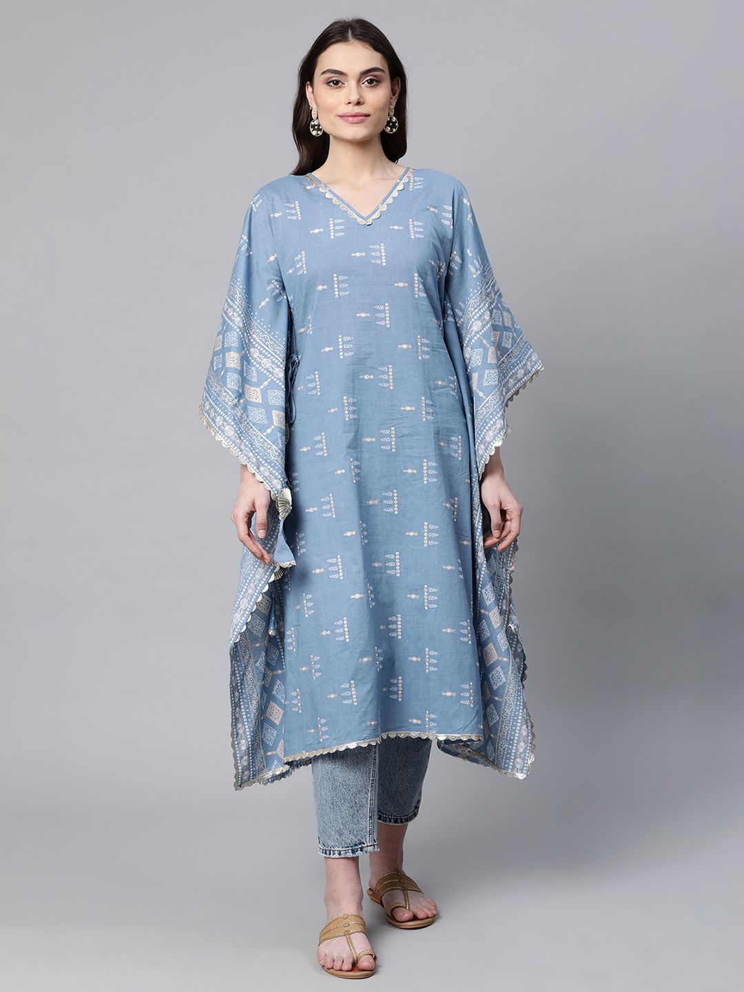 Blue Pure Cotton Printed Kaftan Kurta