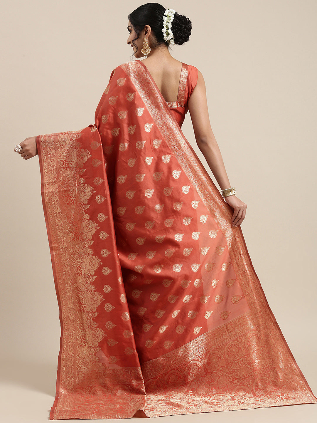 Silk Blend Orange Woven Design Woven saree With Blouse