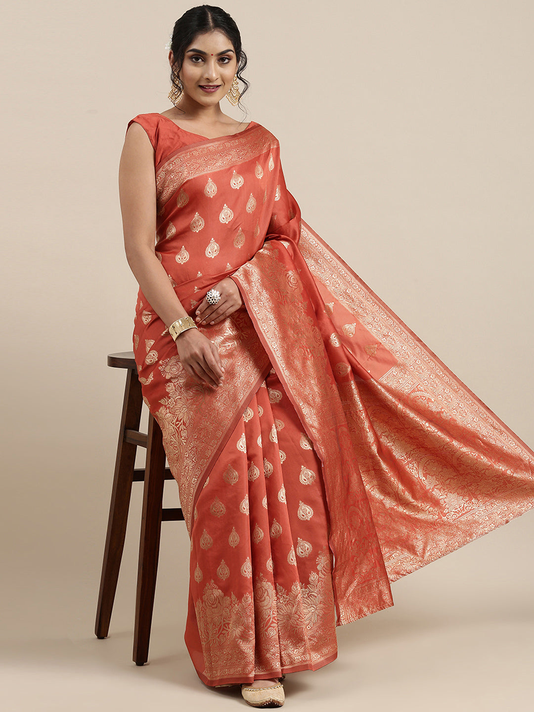 Silk Blend Orange Woven Design Woven saree With Blouse