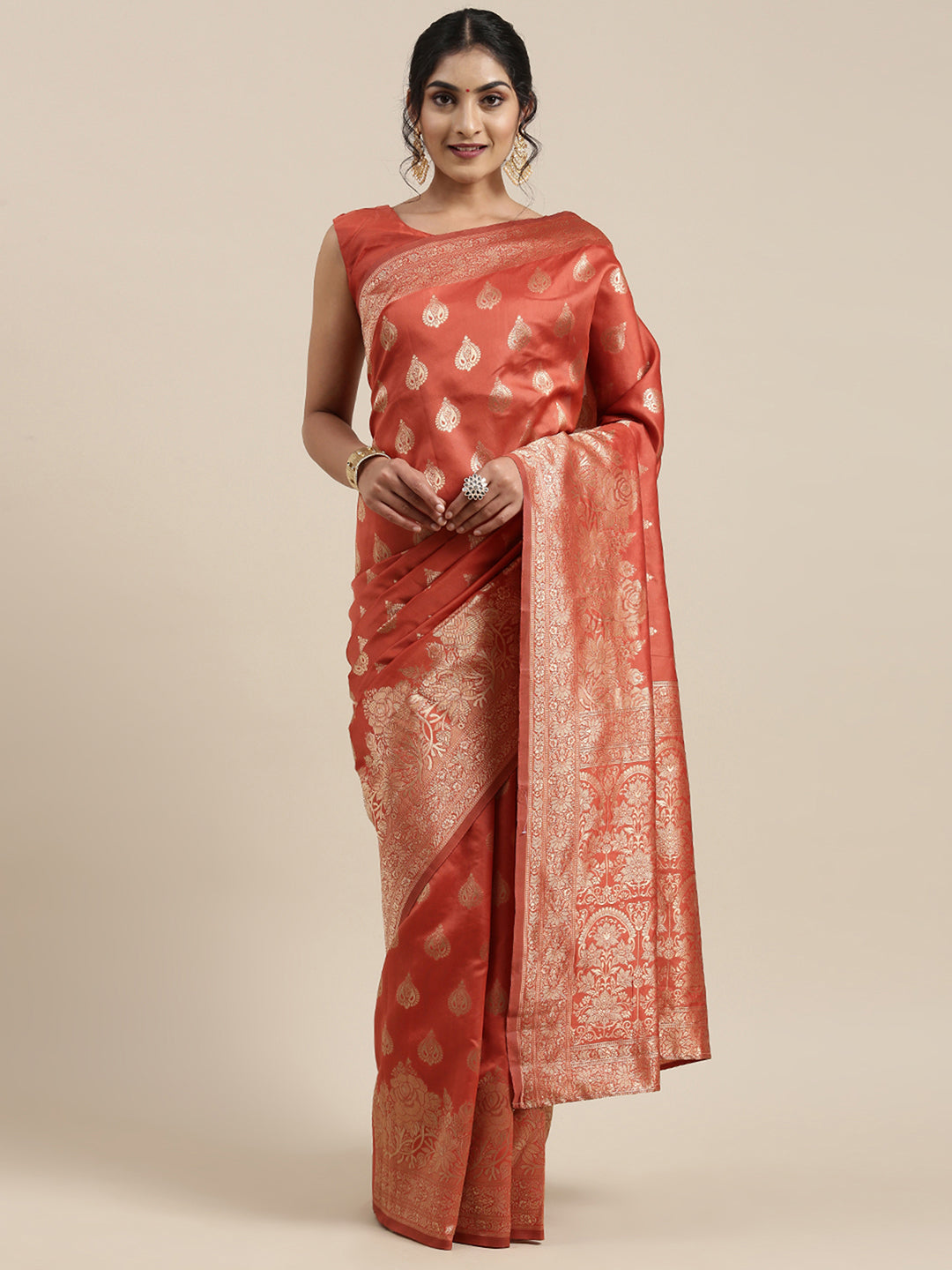 Silk Blend Orange Woven Design Woven saree With Blouse