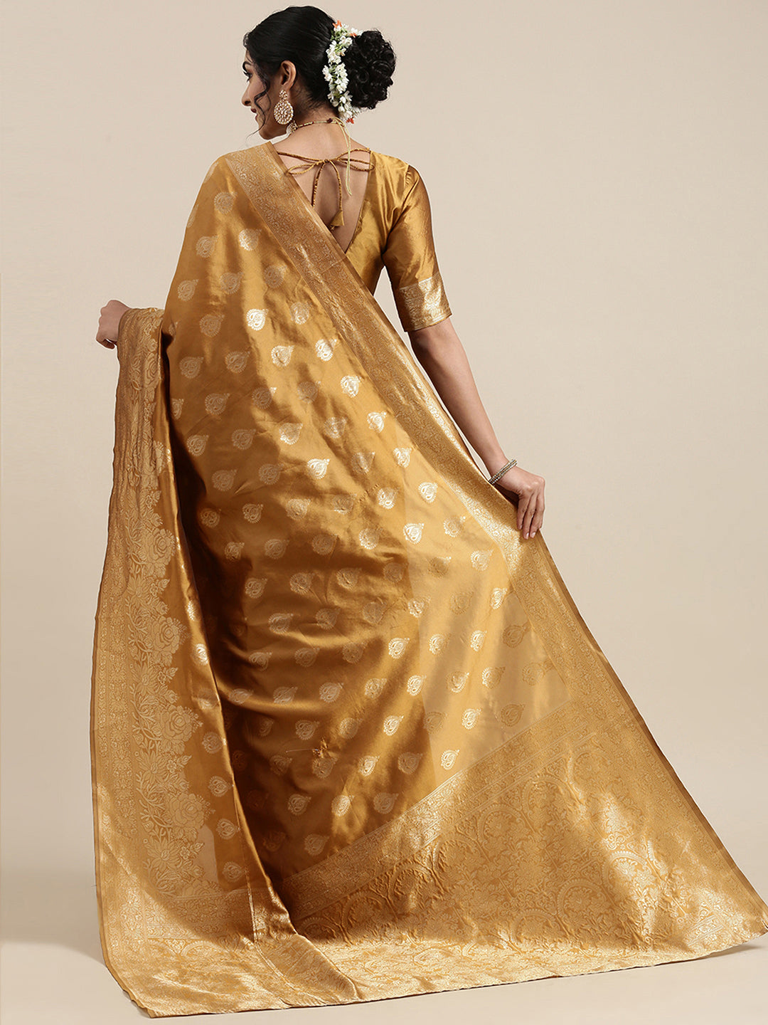 Silk Blend Mustard Woven Design Woven saree With Blouse