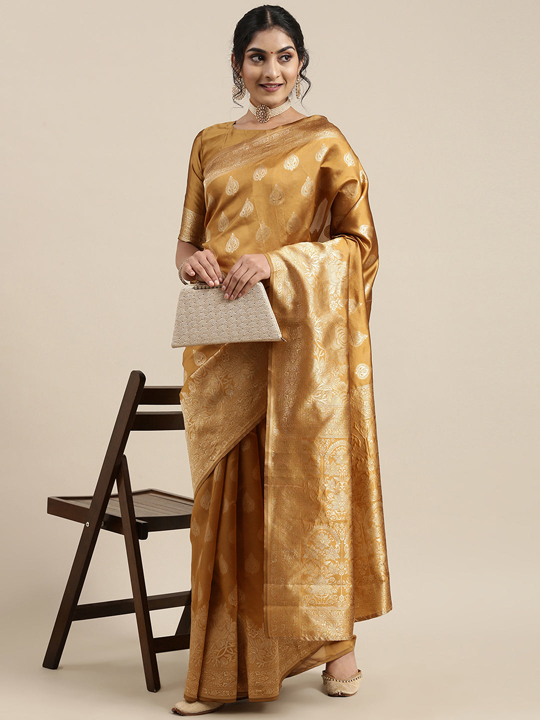 Silk Blend Mustard Woven Design Woven saree With Blouse