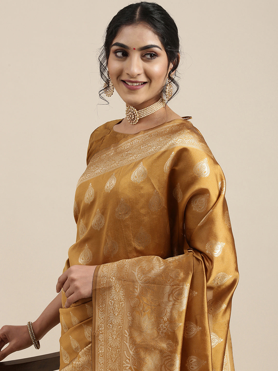 Silk Blend Mustard Woven Design Woven saree With Blouse