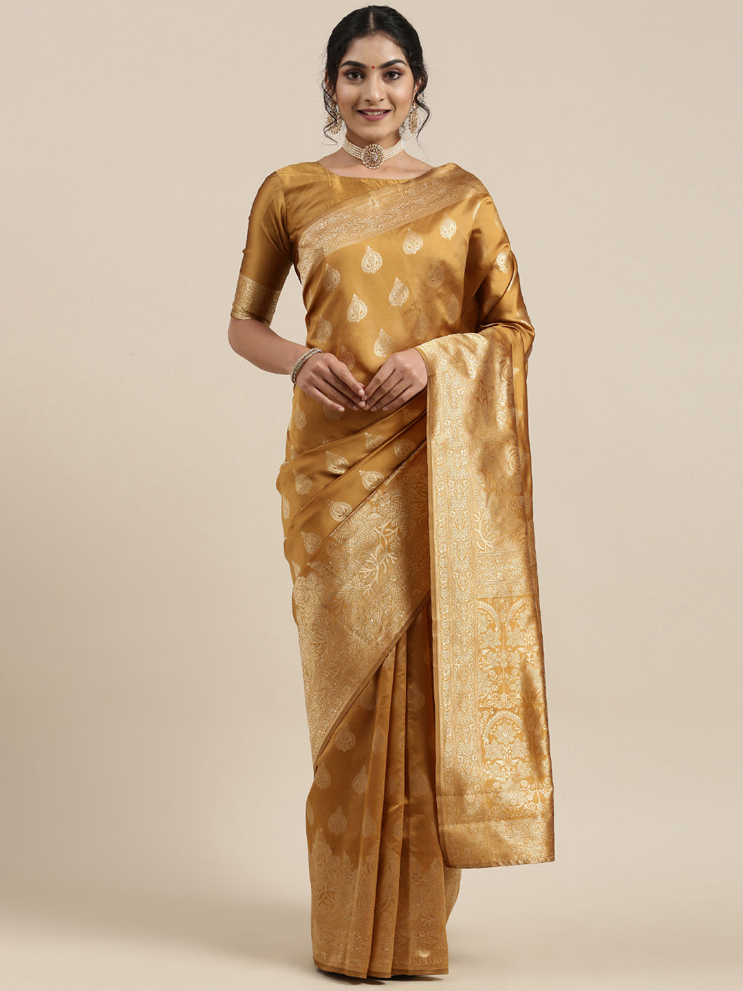 Silk Blend Mustard Woven Design Woven saree With Blouse