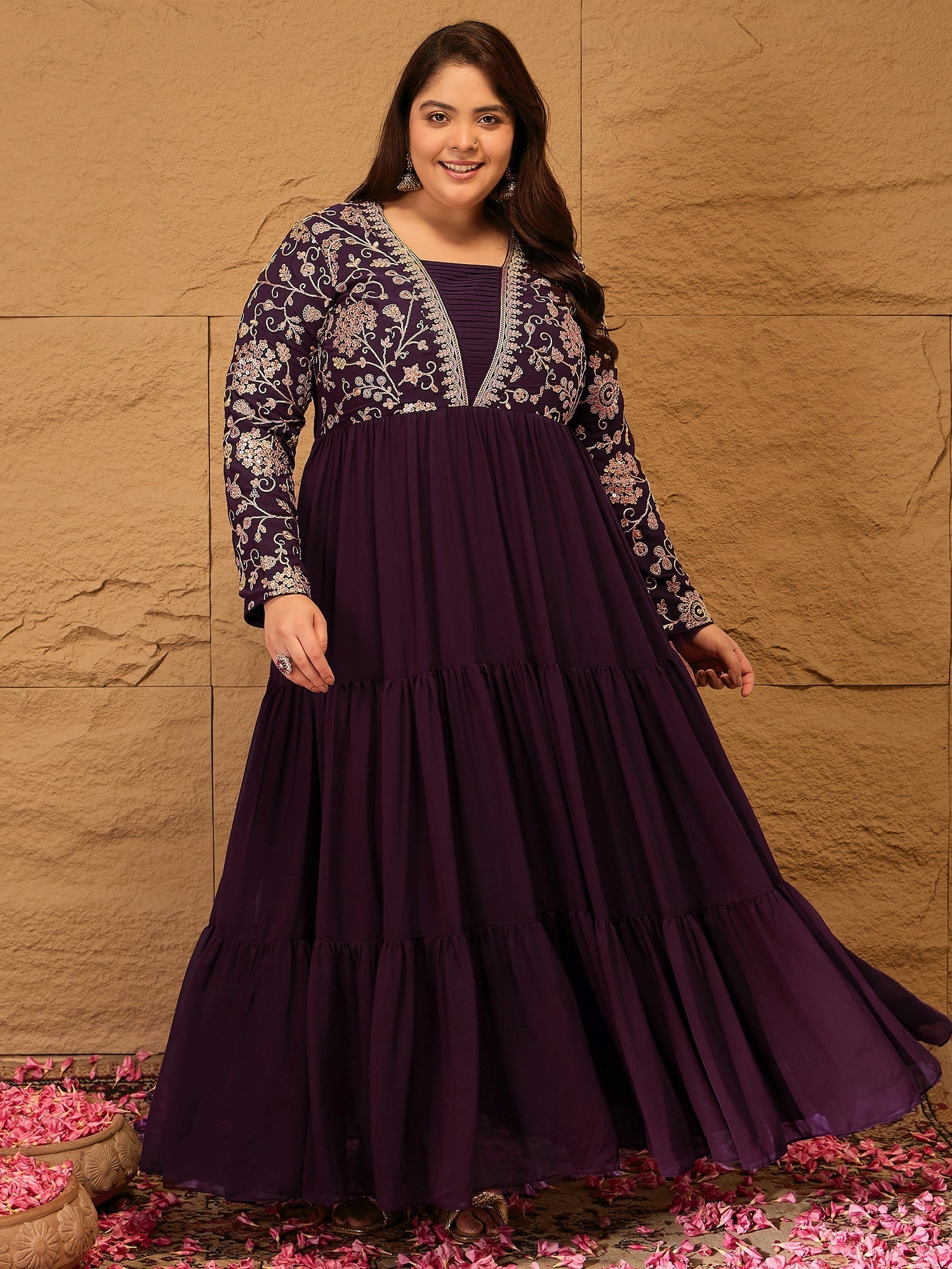 Embroidered Tiered Fit and Flare Ethnic Dress - ID