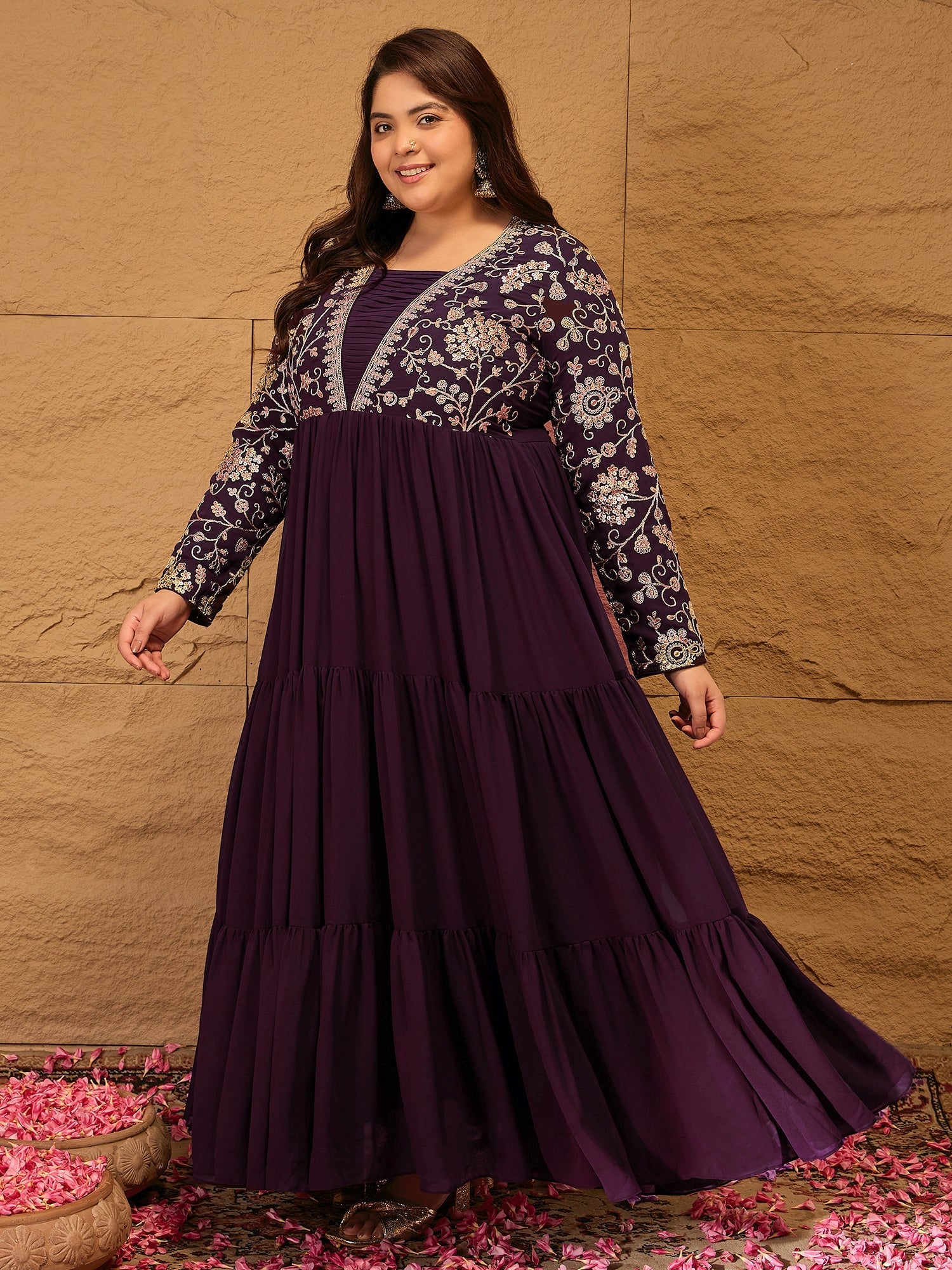 Embroidered Tiered Fit and Flare Ethnic Dress - ID