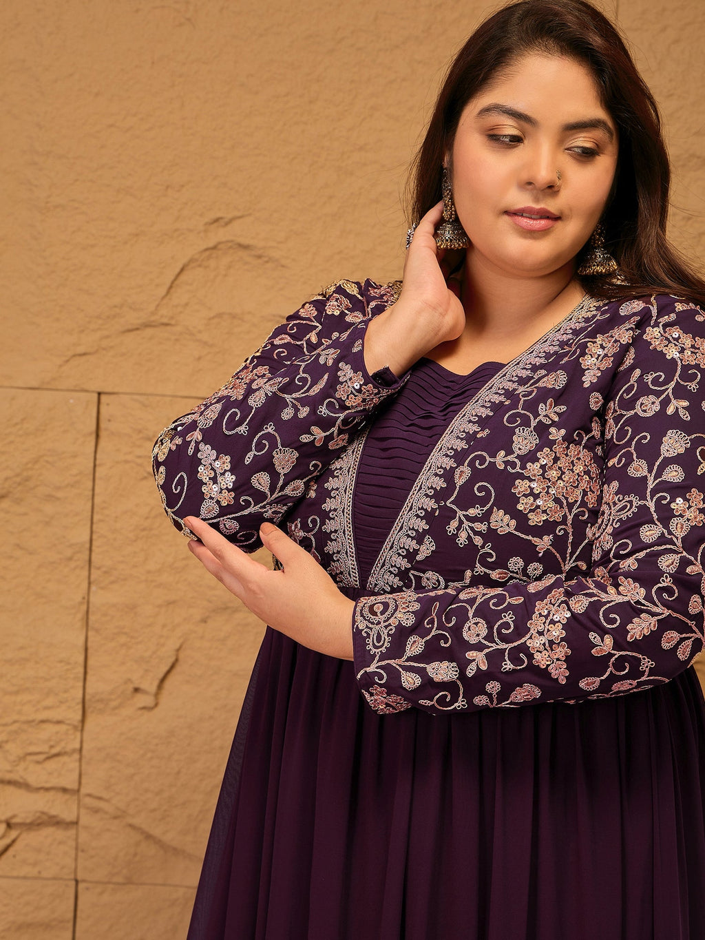 Embroidered Tiered Fit and Flare Ethnic Dress - ID