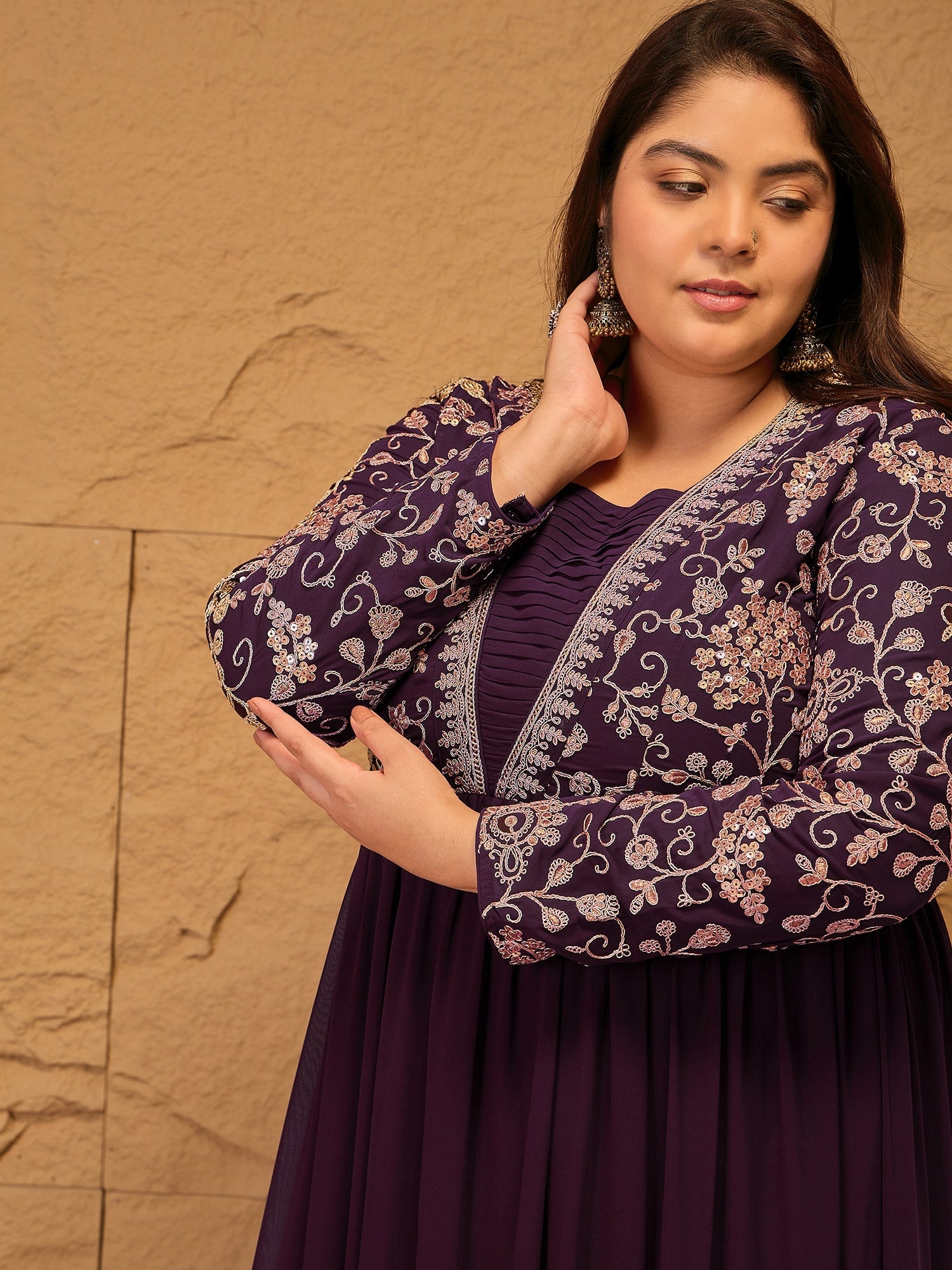 Embroidered Tiered Fit and Flare Ethnic Dress - ID