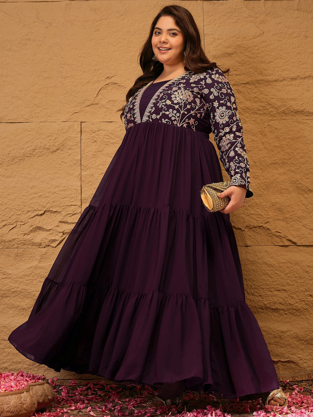 Embroidered Tiered Fit and Flare Ethnic Dress - ID