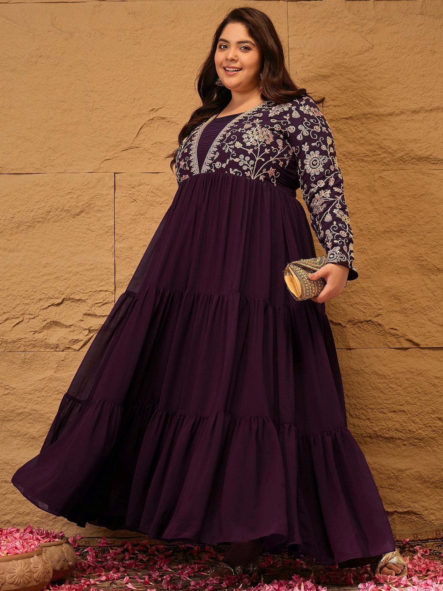 Embroidered Tiered Fit and Flare Ethnic Dress - ID