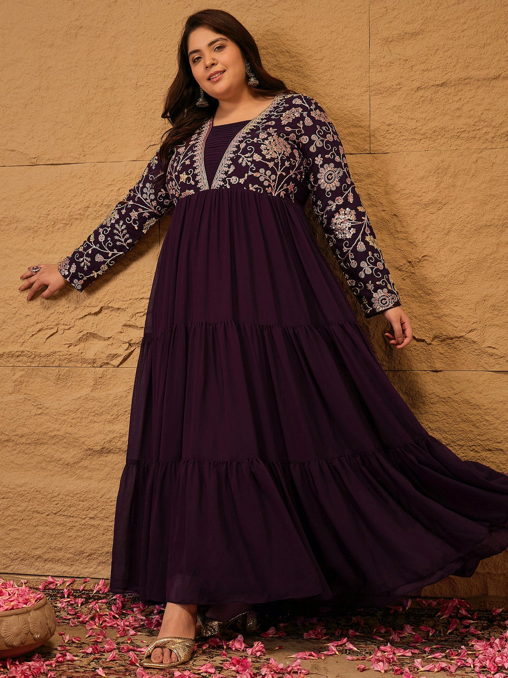 Embroidered Tiered Fit and Flare Ethnic Dress - ID