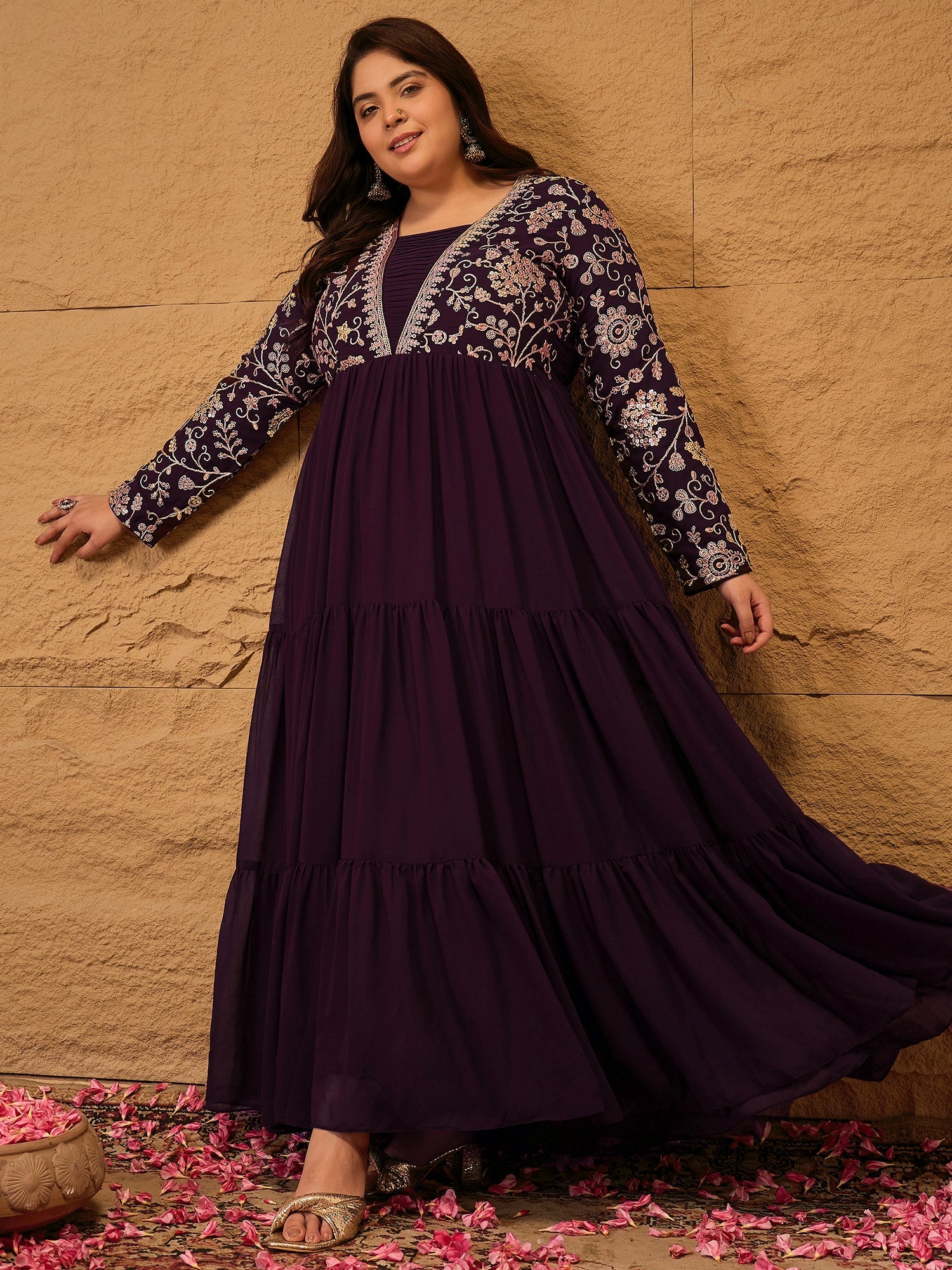 Embroidered Tiered Fit and Flare Ethnic Dress - ID