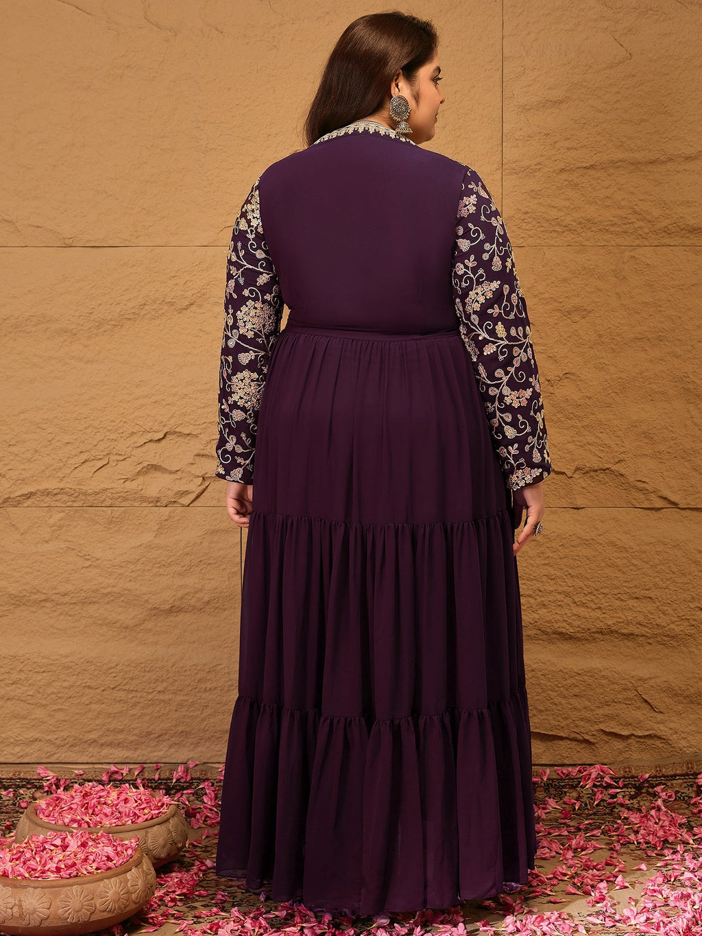 Embroidered Tiered Fit and Flare Ethnic Dress - ID