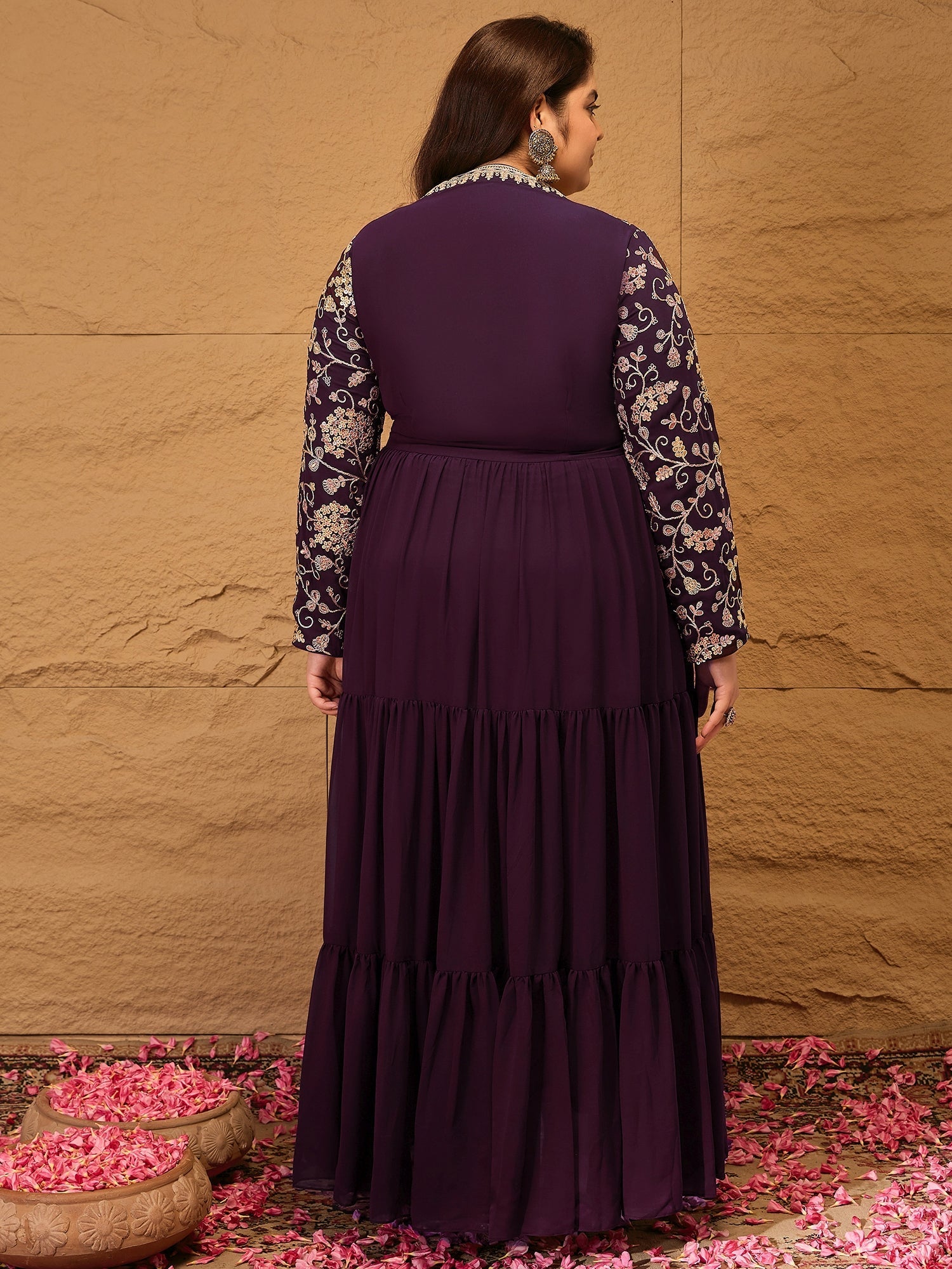 Embroidered Tiered Fit and Flare Ethnic Dress - ID