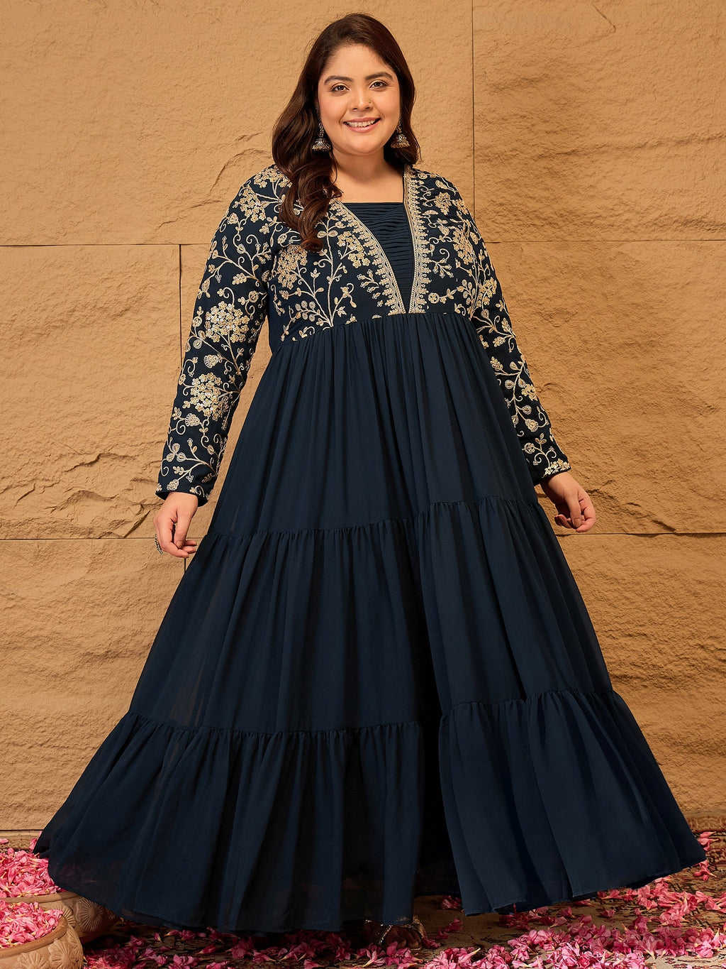 Floral Printed Embroidered A-Line Maxi Ethnic Dresses - ID