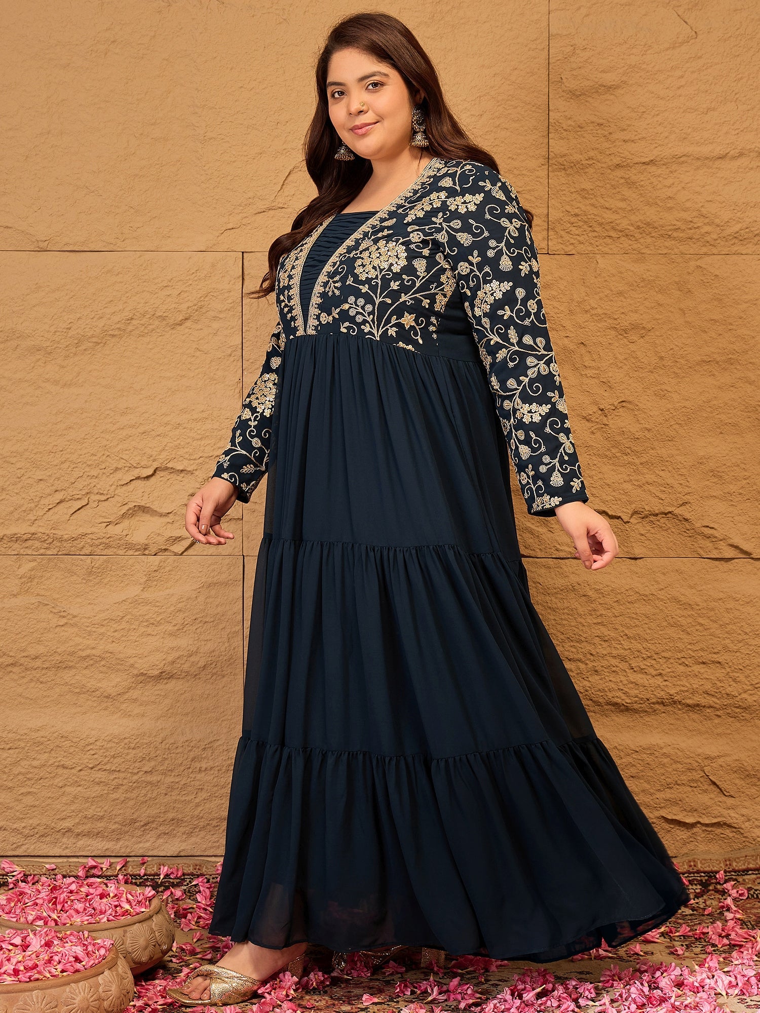 Floral Printed Embroidered A-Line Maxi Ethnic Dresses - ID